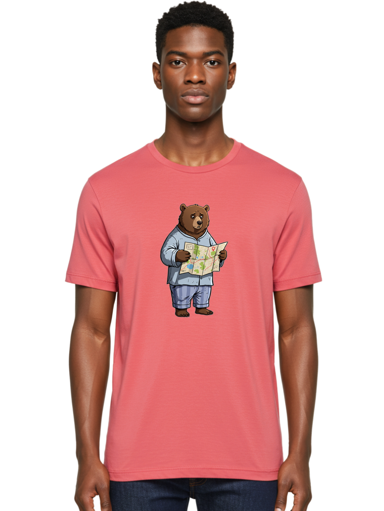 Bear-With-Map Men'S Graphic Tee, 100% Cotton, Comfortable Casual Summer Wear, Machine Washable, Vintage Camera, Old Camera, Antique Camera, Black Camera, Classic Photography, Photography Equipment, Nostalgic Device, Film Camera, Camera Art Bah590