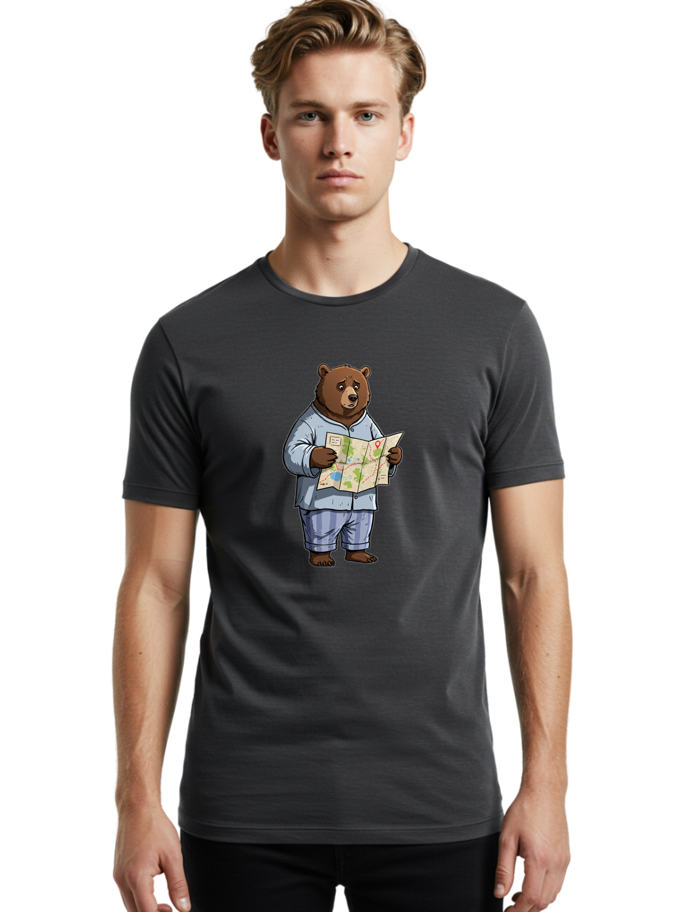 Bear-With-Map Men'S Graphic Tee, 100% Cotton, Comfortable Casual Summer Wear, Machine Washable, Vintage Camera, Old Camera, Antique Camera, Black Camera, Classic Photography, Photography Equipment, Nostalgic Device, Film Camera, Camera Art Bah590