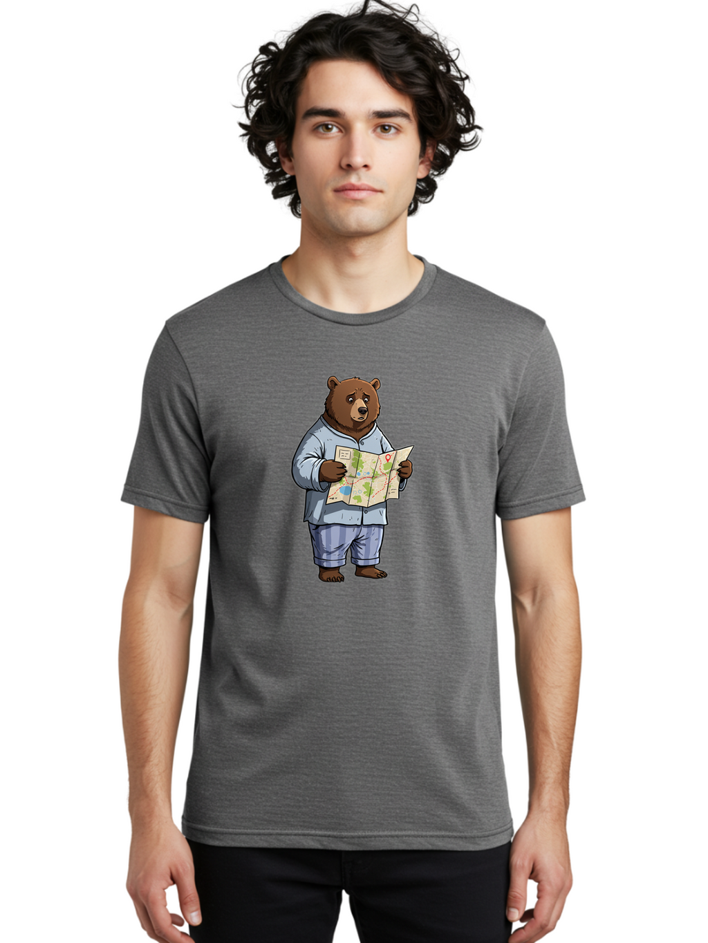 Bear-With-Map Men'S Graphic Tee, 100% Cotton, Comfortable Casual Summer Wear, Machine Washable, Vintage Camera, Old Camera, Antique Camera, Black Camera, Classic Photography, Photography Equipment, Nostalgic Device, Film Camera, Camera Art Bah590