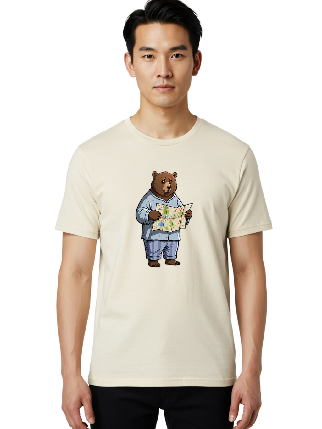 Bear-With-Map Men'S Graphic Tee, 100% Cotton, Comfortable Casual Summer Wear, Machine Washable, Vintage Camera, Old Camera, Antique Camera, Black Camera, Classic Photography, Photography Equipment, Nostalgic Device, Film Camera, Camera Art Bah590