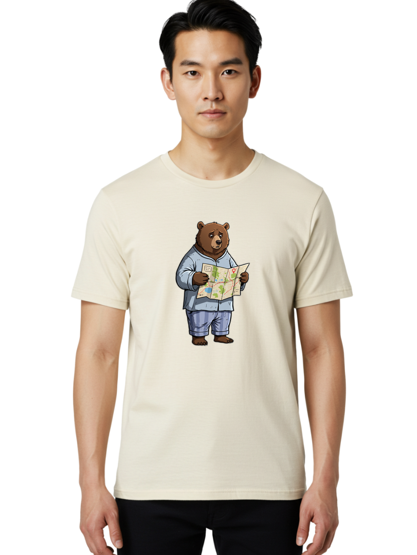 Bear-With-Map Men'S Graphic Tee, 100% Cotton, Comfortable Casual Summer Wear, Machine Washable, Vintage Camera, Old Camera, Antique Camera, Black Camera, Classic Photography, Photography Equipment, Nostalgic Device, Film Camera, Camera Art Bah590