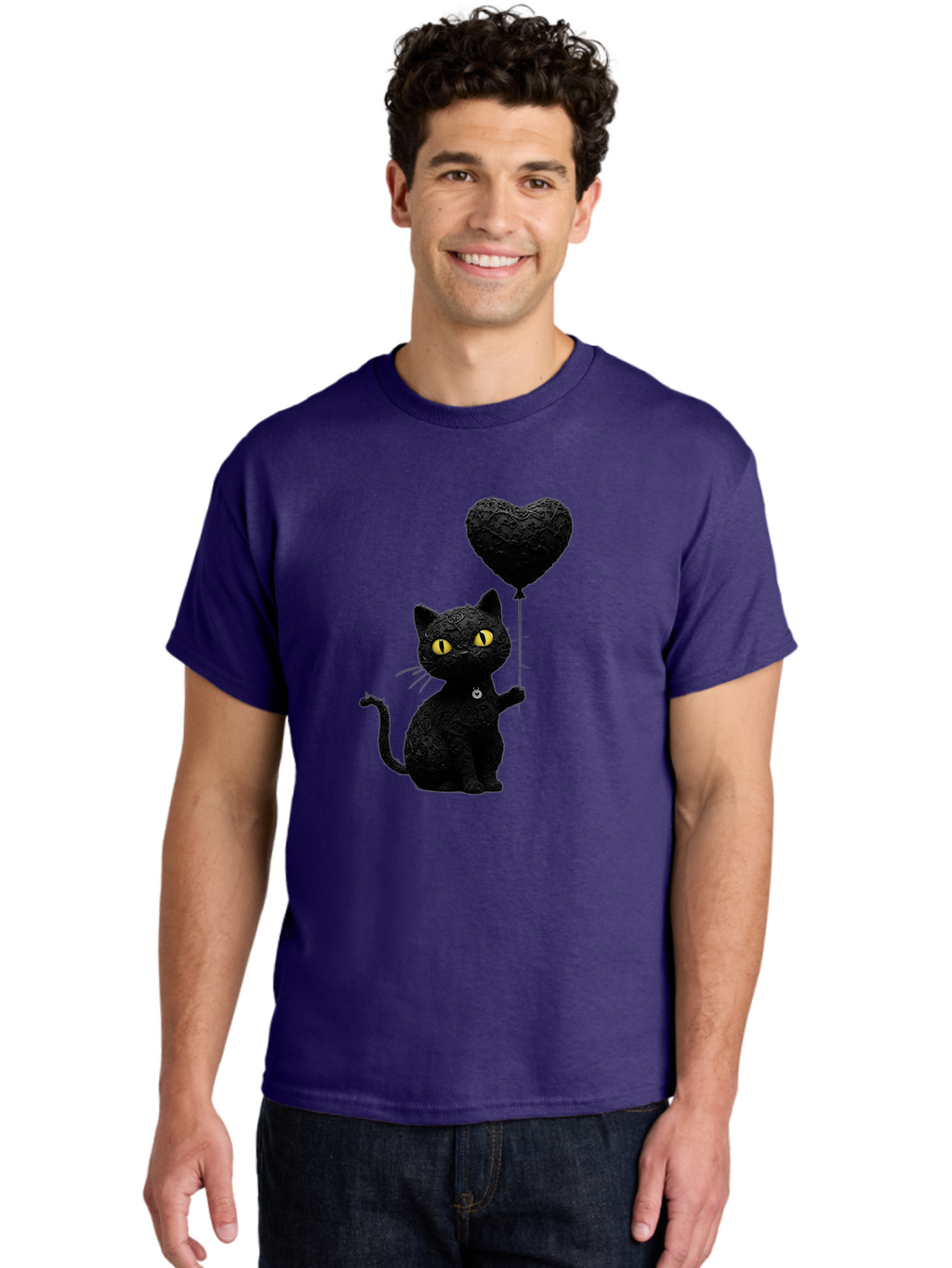Black-Cat-With-Heart-Balloon Men'S Graphic Tee, 100% Cotton, Comfortable Casual Summer Wear, Machine Washable, Vintage Camera, Old Camera, Antique Camera, Black Camera, Classic Photography, Photography Equipment, Nostalgic Device, Film Camera, Bah593