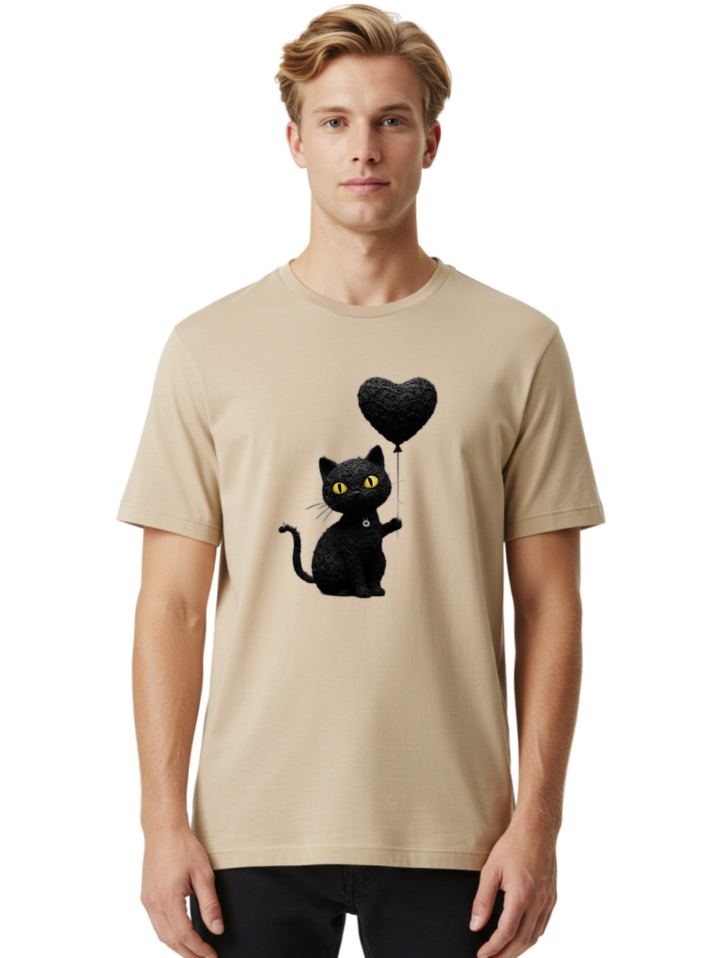 Black-Cat-With-Heart-Balloon Men'S Graphic Tee, 100% Cotton, Comfortable Casual Summer Wear, Machine Washable, Vintage Camera, Old Camera, Antique Camera, Black Camera, Classic Photography, Photography Equipment, Nostalgic Device, Film Camera, Bah593