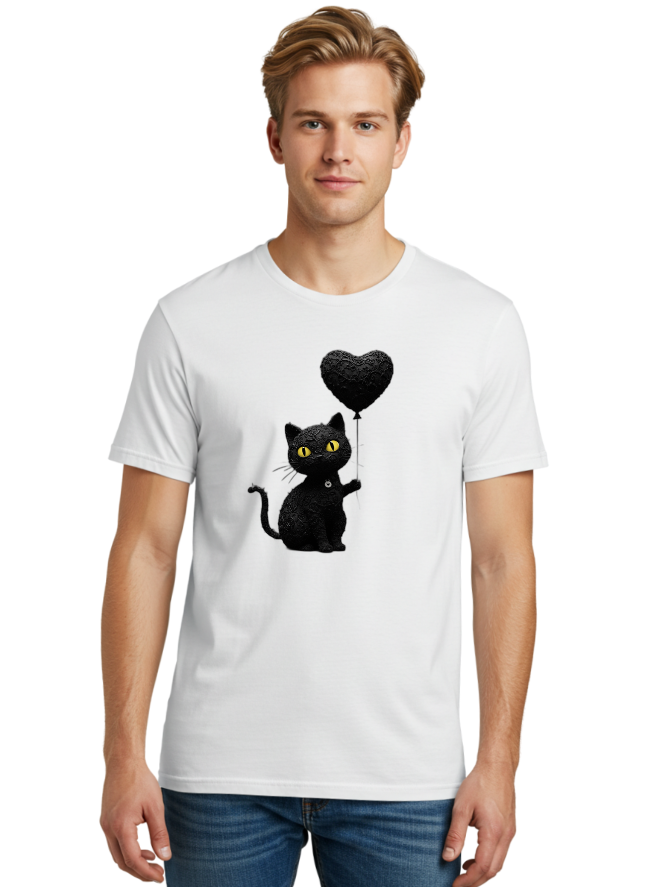 Black-Cat-With-Heart-Balloon Men'S Graphic Tee, 100% Cotton, Comfortable Casual Summer Wear, Machine Washable, Vintage Camera, Old Camera, Antique Camera, Black Camera, Classic Photography, Photography Equipment, Nostalgic Device, Film Camera, Bah593