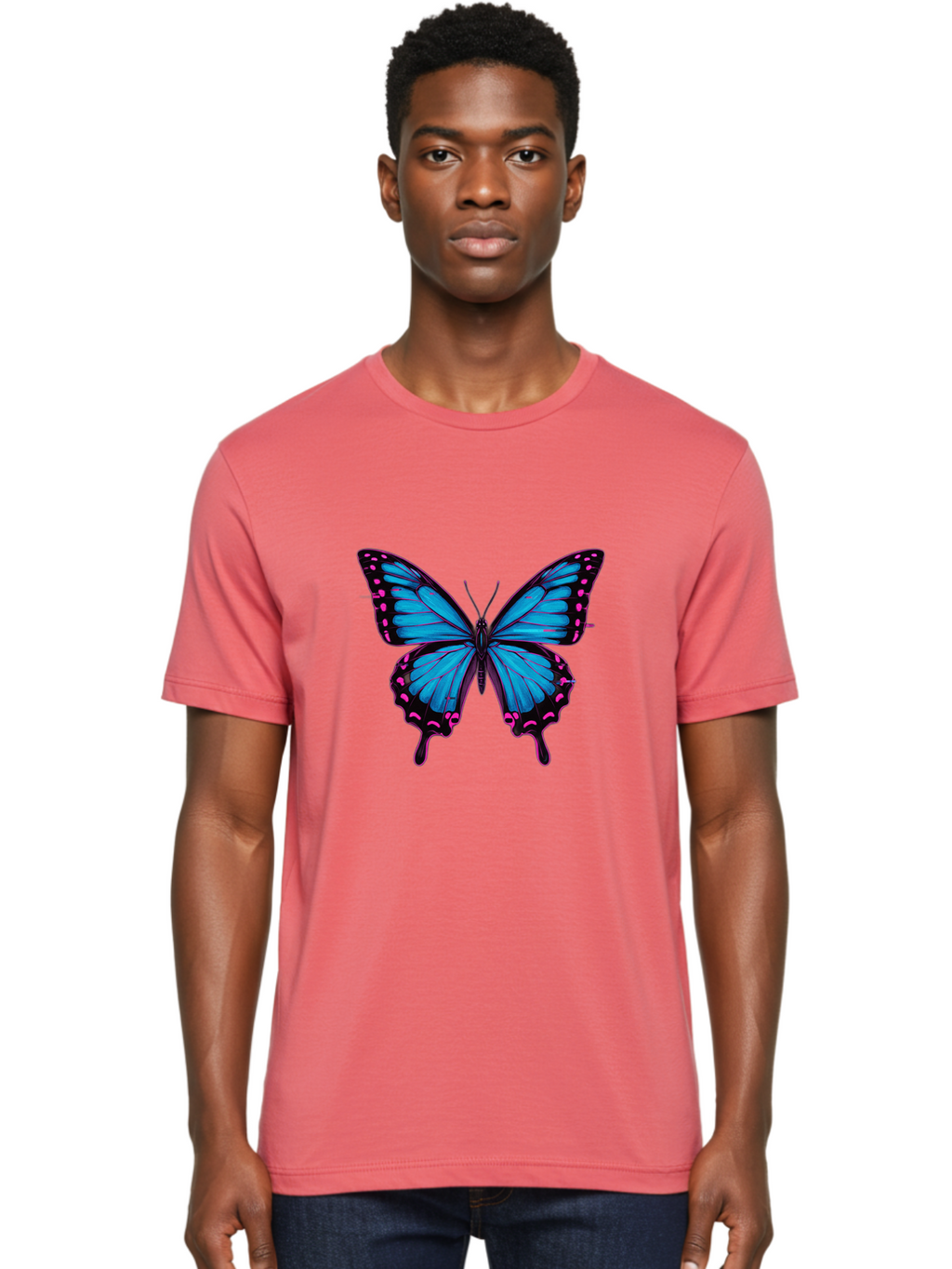 Blue-Butterfly Men'S Graphic Tee, 100% Cotton, Comfortable Casual Summer Wear, Machine Washable, Vintage Camera, Old Camera, Antique Camera, Black Camera, Classic Photography, Photography Equipment, Nostalgic Device, Film Camera, Camera Art Bah600