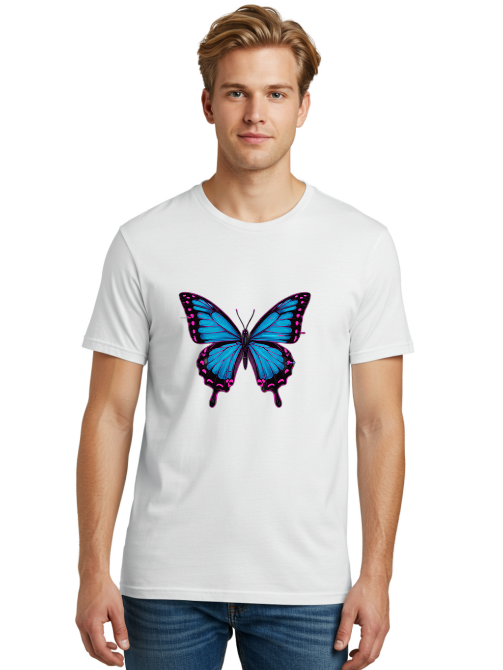 Blue-Butterfly Men'S Graphic Tee, 100% Cotton, Comfortable Casual Summer Wear, Machine Washable, Vintage Camera, Old Camera, Antique Camera, Black Camera, Classic Photography, Photography Equipment, Nostalgic Device, Film Camera, Camera Art Bah600