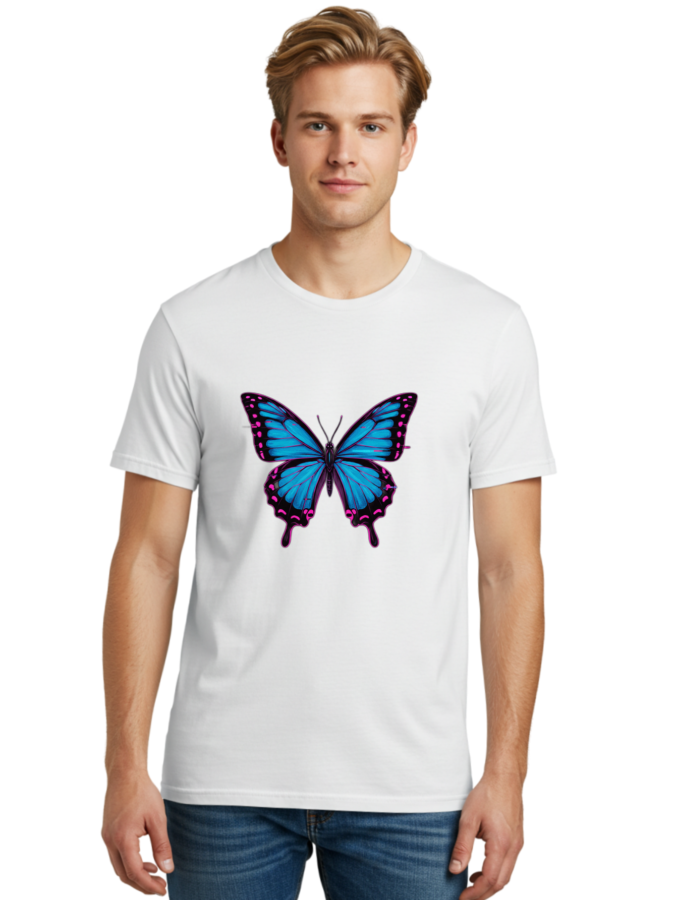 Blue-Butterfly Men'S Graphic Tee, 100% Cotton, Comfortable Casual Summer Wear, Machine Washable, Vintage Camera, Old Camera, Antique Camera, Black Camera, Classic Photography, Photography Equipment, Nostalgic Device, Film Camera, Camera Art Bah600