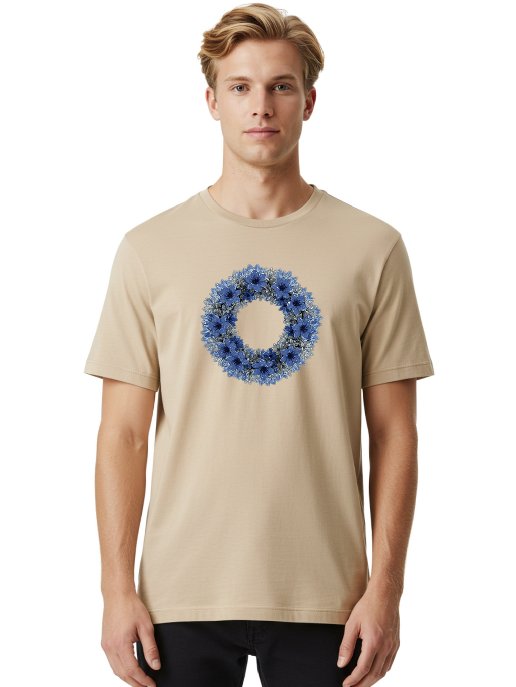 Blue-Flower-Wreath Men'S Graphic Tee, 100% Cotton, Comfortable Casual Summer Wear, Machine Washable, Vintage Camera, Old Camera, Antique Camera, Black Camera, Classic Photography, Photography Equipment, Nostalgic Device, Film Camera, Bah601