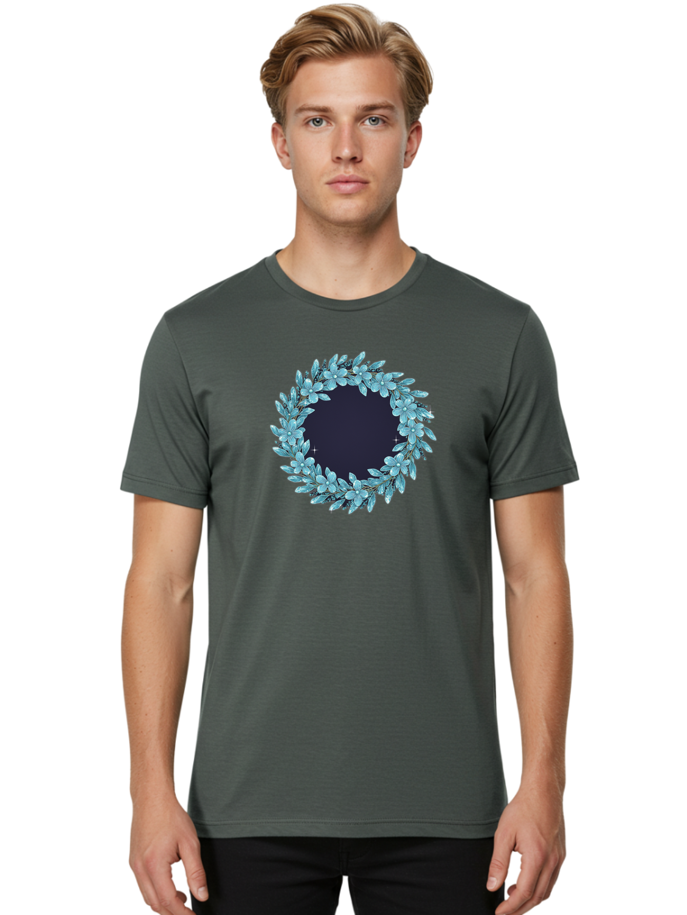 Blue-Flowers-Wreath Men'S Graphic Tee, 100% Cotton, Comfortable Casual Summer Wear, Machine Washable, Vintage Camera, Old Camera, Antique Camera, Black Camera, Classic Photography, Photography Equipment, Nostalgic Device, Film Camera, Bah602