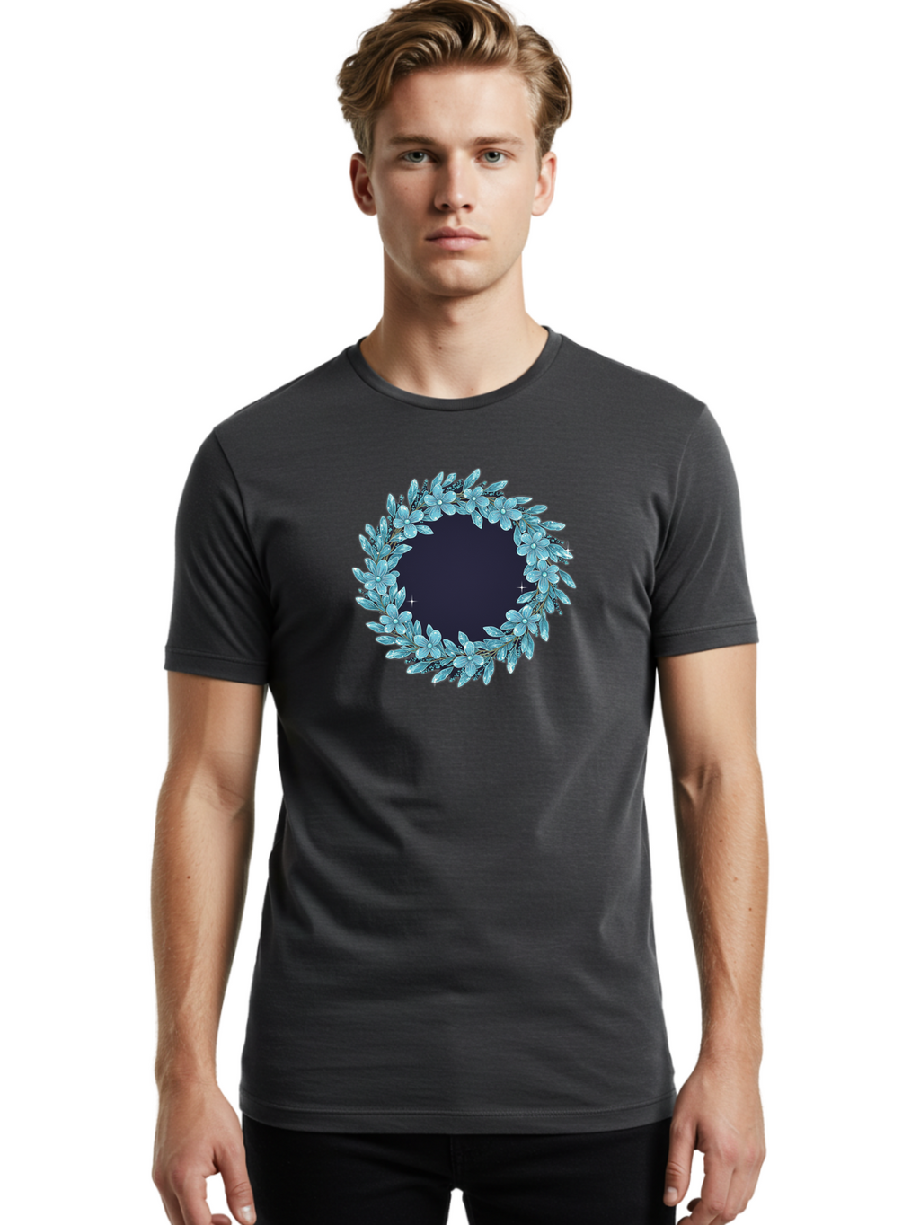Blue-Flowers-Wreath Men'S Graphic Tee, 100% Cotton, Comfortable Casual Summer Wear, Machine Washable, Vintage Camera, Old Camera, Antique Camera, Black Camera, Classic Photography, Photography Equipment, Nostalgic Device, Film Camera, Bah602