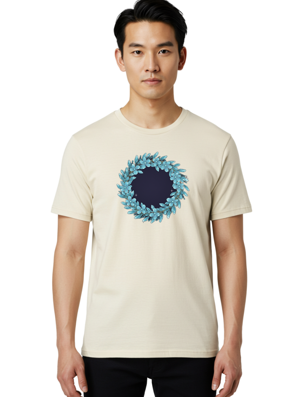 Blue-Flowers-Wreath Men'S Graphic Tee, 100% Cotton, Comfortable Casual Summer Wear, Machine Washable, Vintage Camera, Old Camera, Antique Camera, Black Camera, Classic Photography, Photography Equipment, Nostalgic Device, Film Camera, Bah602