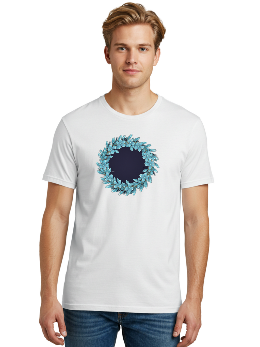 Blue-Flowers-Wreath Men'S Graphic Tee, 100% Cotton, Comfortable Casual Summer Wear, Machine Washable, Vintage Camera, Old Camera, Antique Camera, Black Camera, Classic Photography, Photography Equipment, Nostalgic Device, Film Camera, Bah602