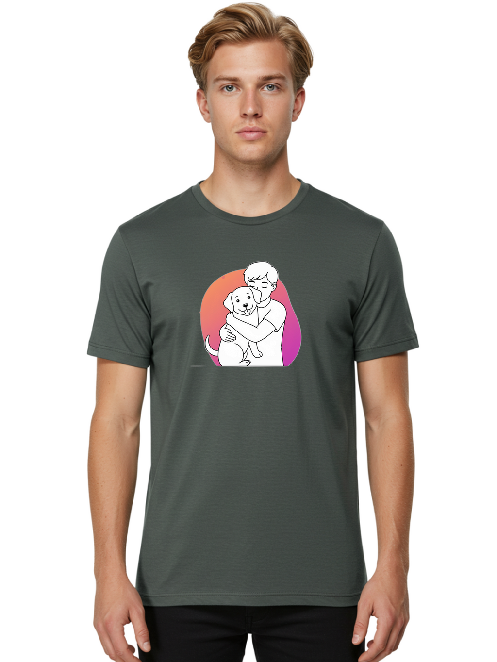 Boy-Hugging-Dog-1 Men'S Graphic Tee, 100% Cotton, Comfortable Casual Summer Wear, Machine Washable, Vintage Camera, Old Camera, Antique Camera, Black Camera, Classic Photography, Photography Equipment, Nostalgic Device, Film Camera, Camera Art Bah604