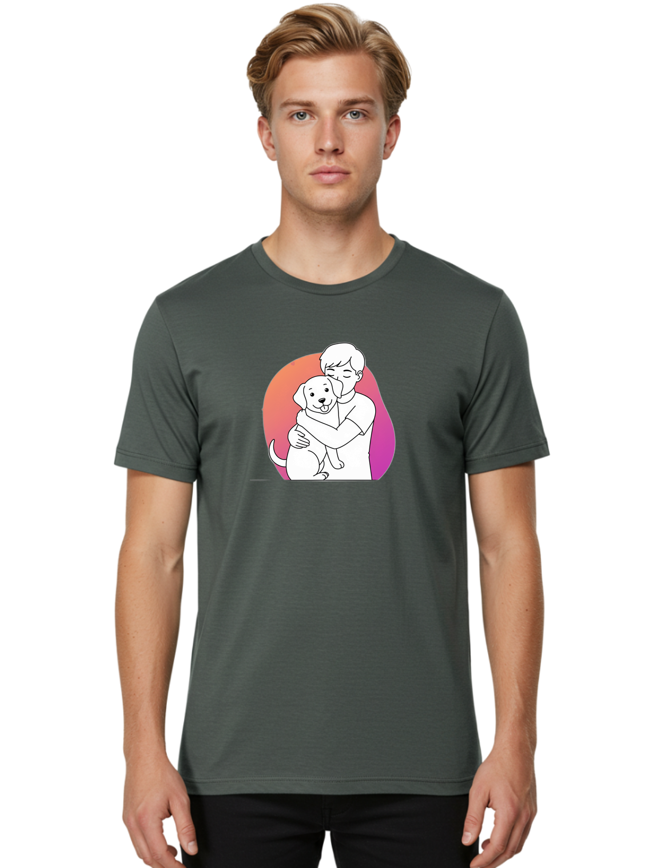 Boy-Hugging-Dog-1 Men'S Graphic Tee, 100% Cotton, Comfortable Casual Summer Wear, Machine Washable, Vintage Camera, Old Camera, Antique Camera, Black Camera, Classic Photography, Photography Equipment, Nostalgic Device, Film Camera, Camera Art Bah604