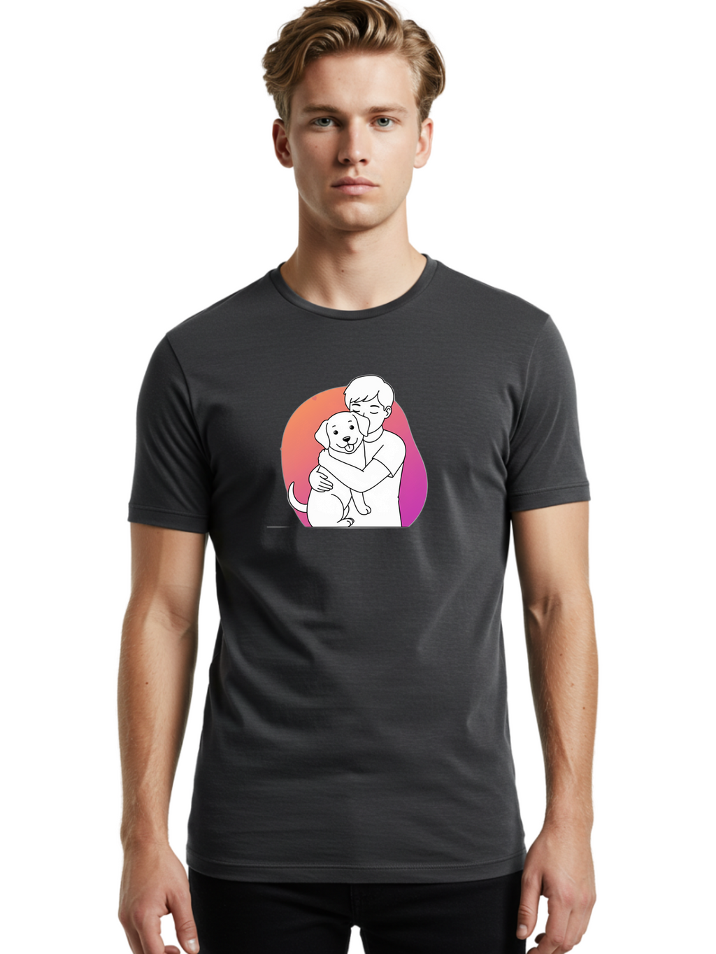 Boy-Hugging-Dog-1 Men'S Graphic Tee, 100% Cotton, Comfortable Casual Summer Wear, Machine Washable, Vintage Camera, Old Camera, Antique Camera, Black Camera, Classic Photography, Photography Equipment, Nostalgic Device, Film Camera, Camera Art Bah604