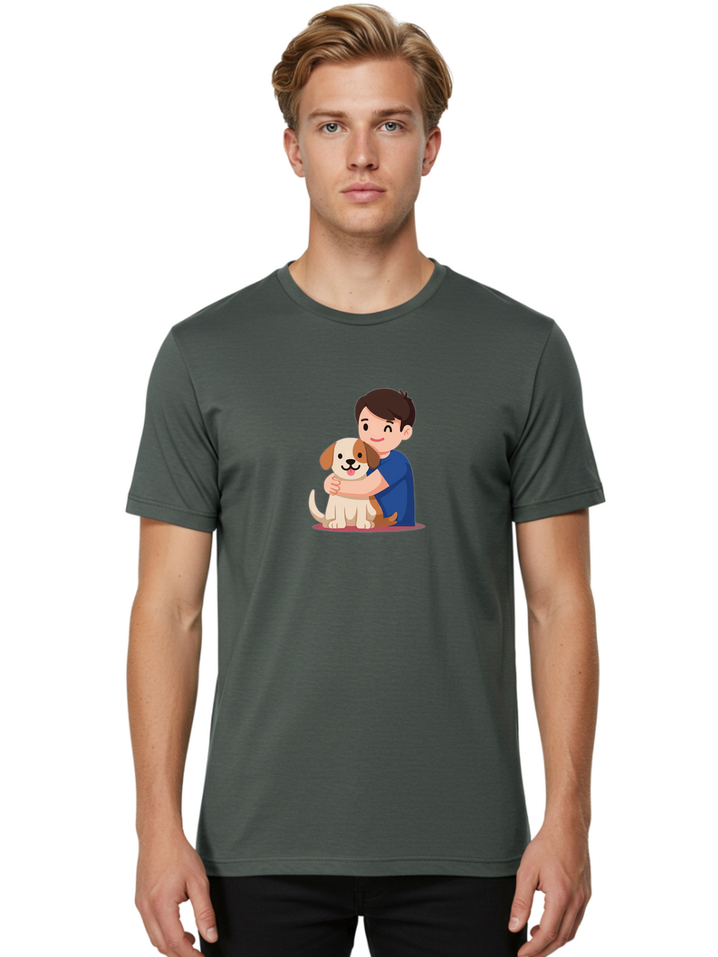 Boy-Hugging-Dog-2 Men'S Graphic Tee, 100% Cotton, Comfortable Casual Summer Wear, Machine Washable, Vintage Camera, Old Camera, Antique Camera, Black Camera, Classic Photography, Photography Equipment, Nostalgic Device, Film Camera, Camera Art Bah605