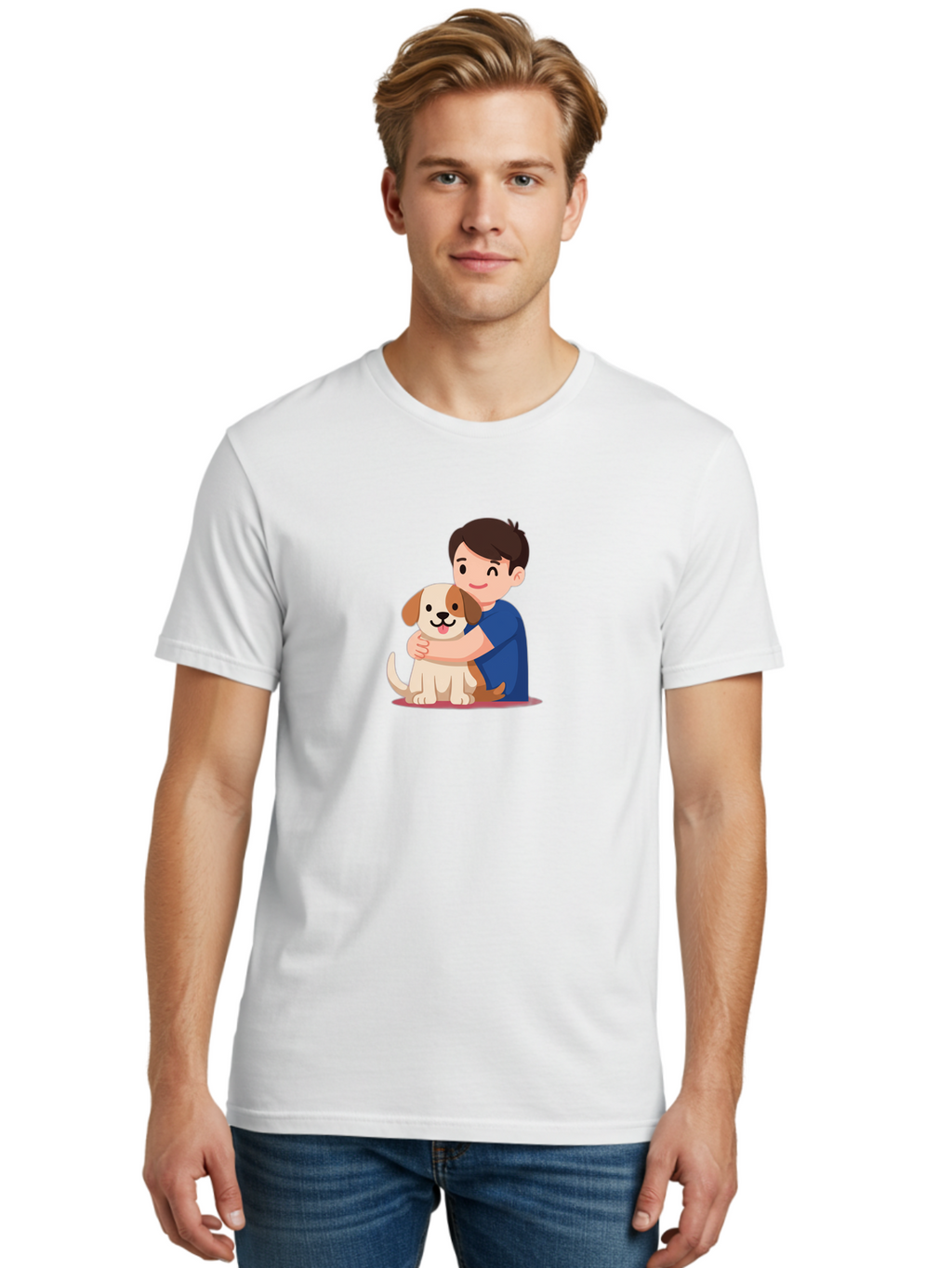 Boy-Hugging-Dog-2 Men'S Graphic Tee, 100% Cotton, Comfortable Casual Summer Wear, Machine Washable, Vintage Camera, Old Camera, Antique Camera, Black Camera, Classic Photography, Photography Equipment, Nostalgic Device, Film Camera, Camera Art Bah605