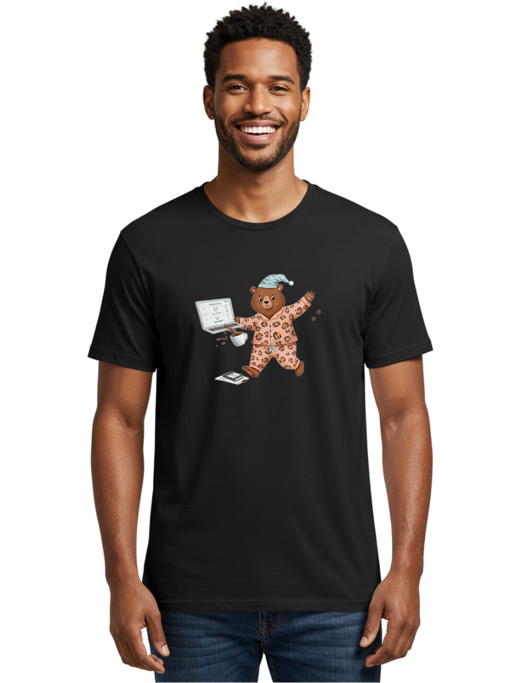 Brown-Bear-Pajamas-Laptop-Coffee Men'S Graphic Tee, 100% Cotton, Comfortable Casual Summer Wear, Machine Washable, Vintage Camera, Old Camera, Antique Camera, Black Camera, Classic Photography, Photography Equipment, Nostalgic Device, Bah611