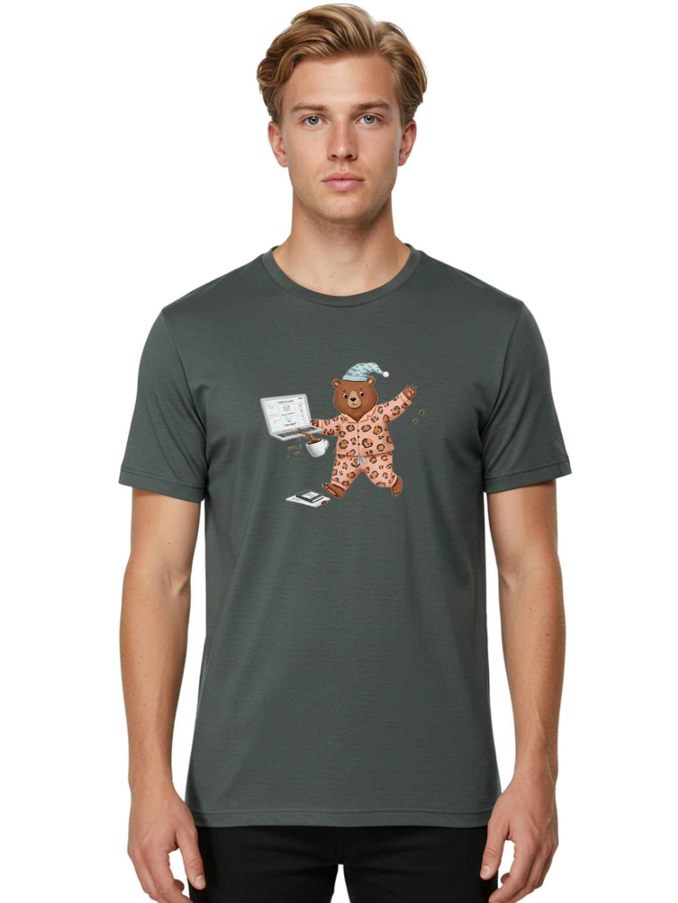 Brown-Bear-Pajamas-Laptop-Coffee Men'S Graphic Tee, 100% Cotton, Comfortable Casual Summer Wear, Machine Washable, Vintage Camera, Old Camera, Antique Camera, Black Camera, Classic Photography, Photography Equipment, Nostalgic Device, Bah611
