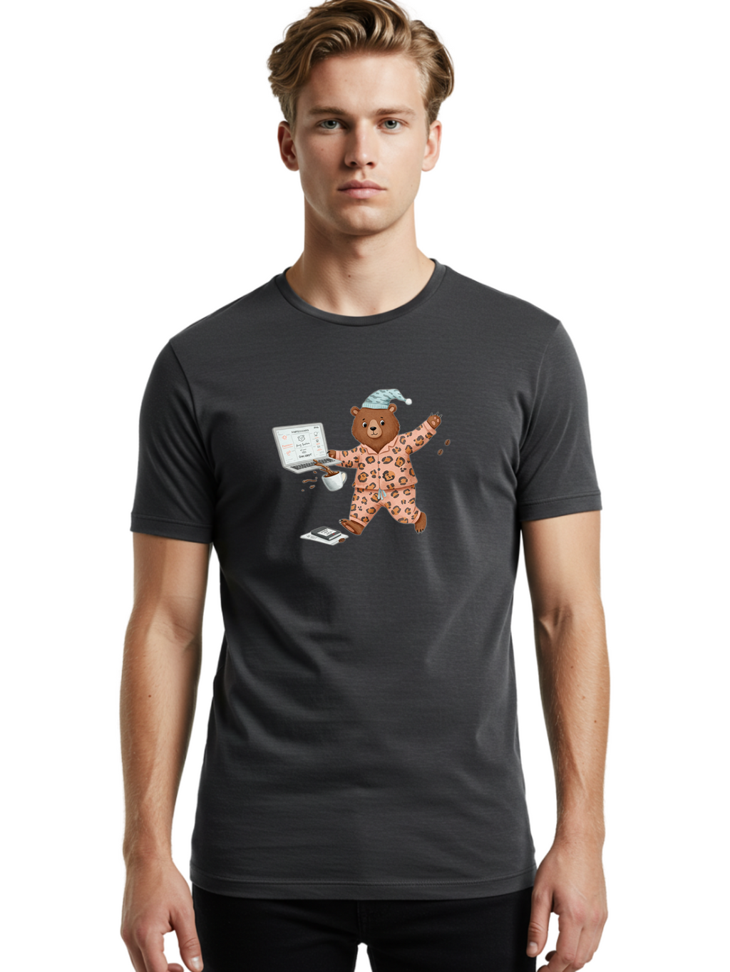 Brown-Bear-Pajamas-Laptop-Coffee Men'S Graphic Tee, 100% Cotton, Comfortable Casual Summer Wear, Machine Washable, Vintage Camera, Old Camera, Antique Camera, Black Camera, Classic Photography, Photography Equipment, Nostalgic Device, Bah611