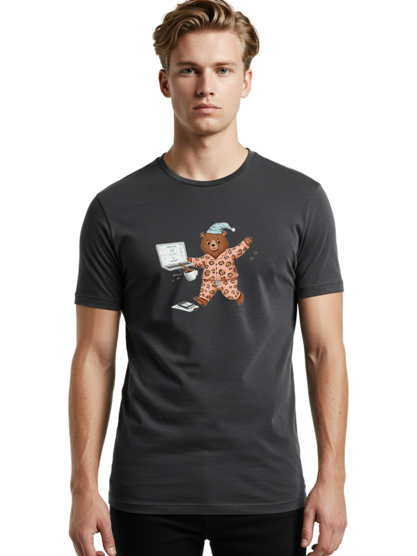 Brown-Bear-Pajamas-Laptop-Coffee Men'S Graphic Tee, 100% Cotton, Comfortable Casual Summer Wear, Machine Washable, Vintage Camera, Old Camera, Antique Camera, Black Camera, Classic Photography, Photography Equipment, Nostalgic Device, Bah611