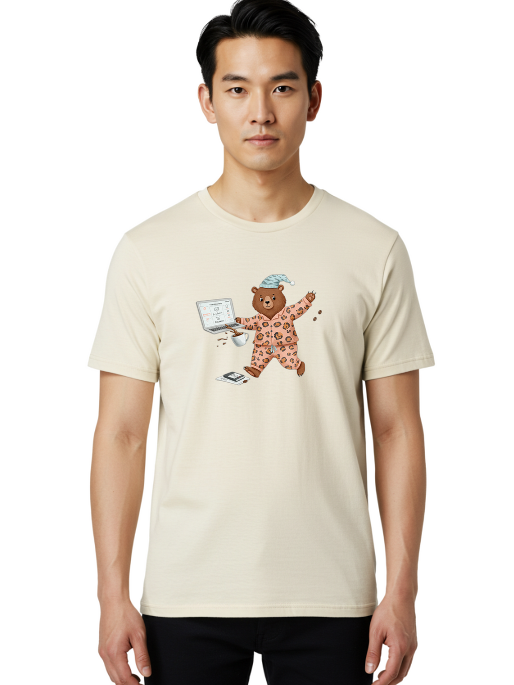 Brown-Bear-Pajamas-Laptop-Coffee Men'S Graphic Tee, 100% Cotton, Comfortable Casual Summer Wear, Machine Washable, Vintage Camera, Old Camera, Antique Camera, Black Camera, Classic Photography, Photography Equipment, Nostalgic Device, Bah611