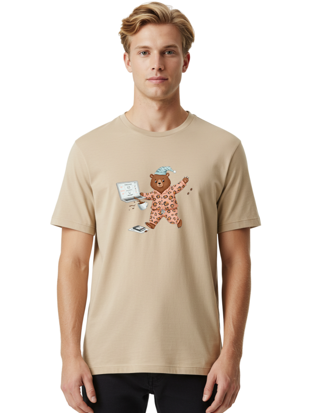 Brown-Bear-Pajamas-Laptop-Coffee Men'S Graphic Tee, 100% Cotton, Comfortable Casual Summer Wear, Machine Washable, Vintage Camera, Old Camera, Antique Camera, Black Camera, Classic Photography, Photography Equipment, Nostalgic Device, Bah611