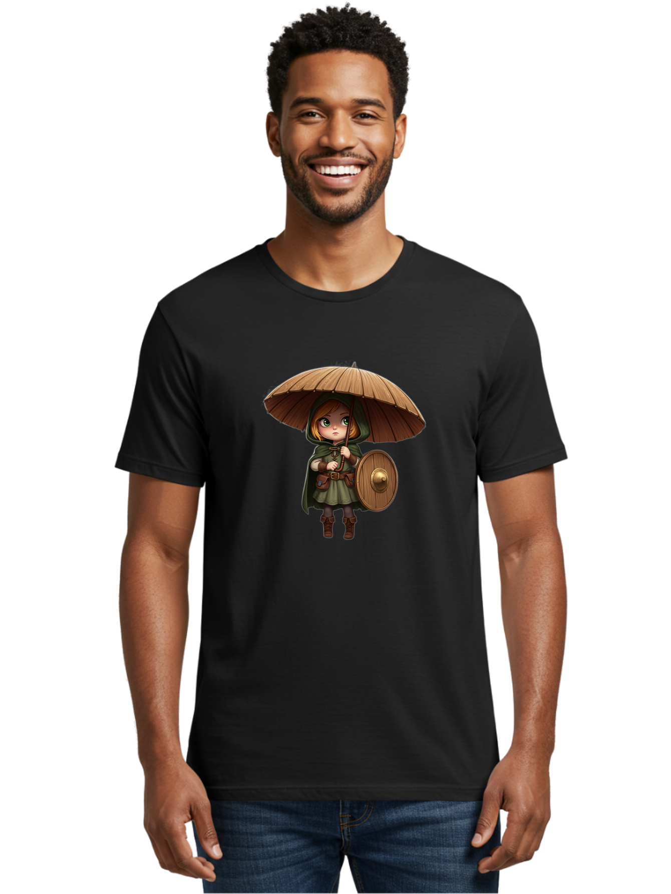 Cartoon-Girl-With-Shield-And-Umbrella Men'S Graphic Tee, 100% Cotton, Comfortable Casual Summer Wear, Machine Washable, Vintage Camera, Old Camera, Antique Camera, Black Camera, Classic Photography, Photography Equipment, Nostalgic Device, Bah700