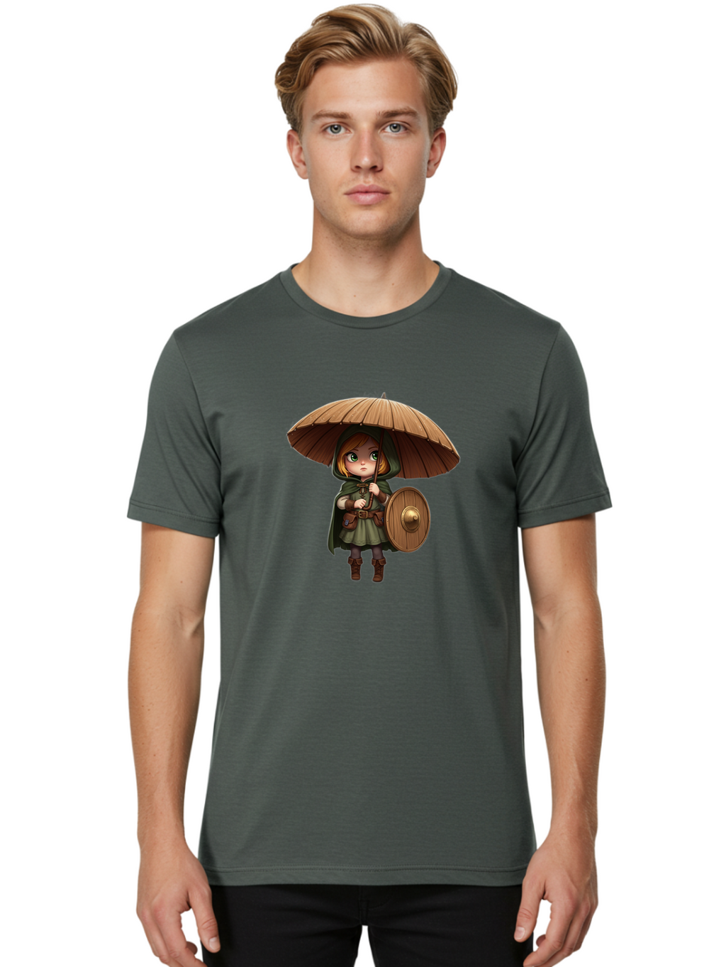 Cartoon-Girl-With-Shield-And-Umbrella Men'S Graphic Tee, 100% Cotton, Comfortable Casual Summer Wear, Machine Washable, Vintage Camera, Old Camera, Antique Camera, Black Camera, Classic Photography, Photography Equipment, Nostalgic Device, Bah700