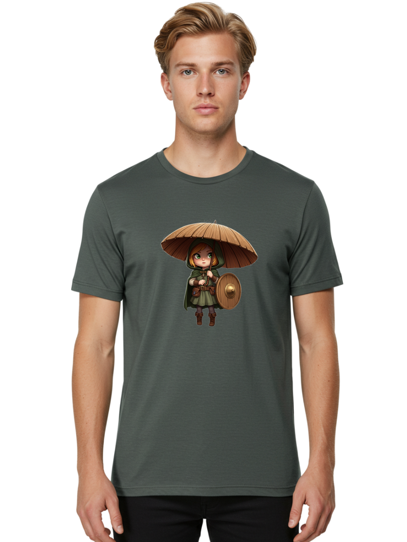 Cartoon-Girl-With-Shield-And-Umbrella Men'S Graphic Tee, 100% Cotton, Comfortable Casual Summer Wear, Machine Washable, Vintage Camera, Old Camera, Antique Camera, Black Camera, Classic Photography, Photography Equipment, Nostalgic Device, Bah700