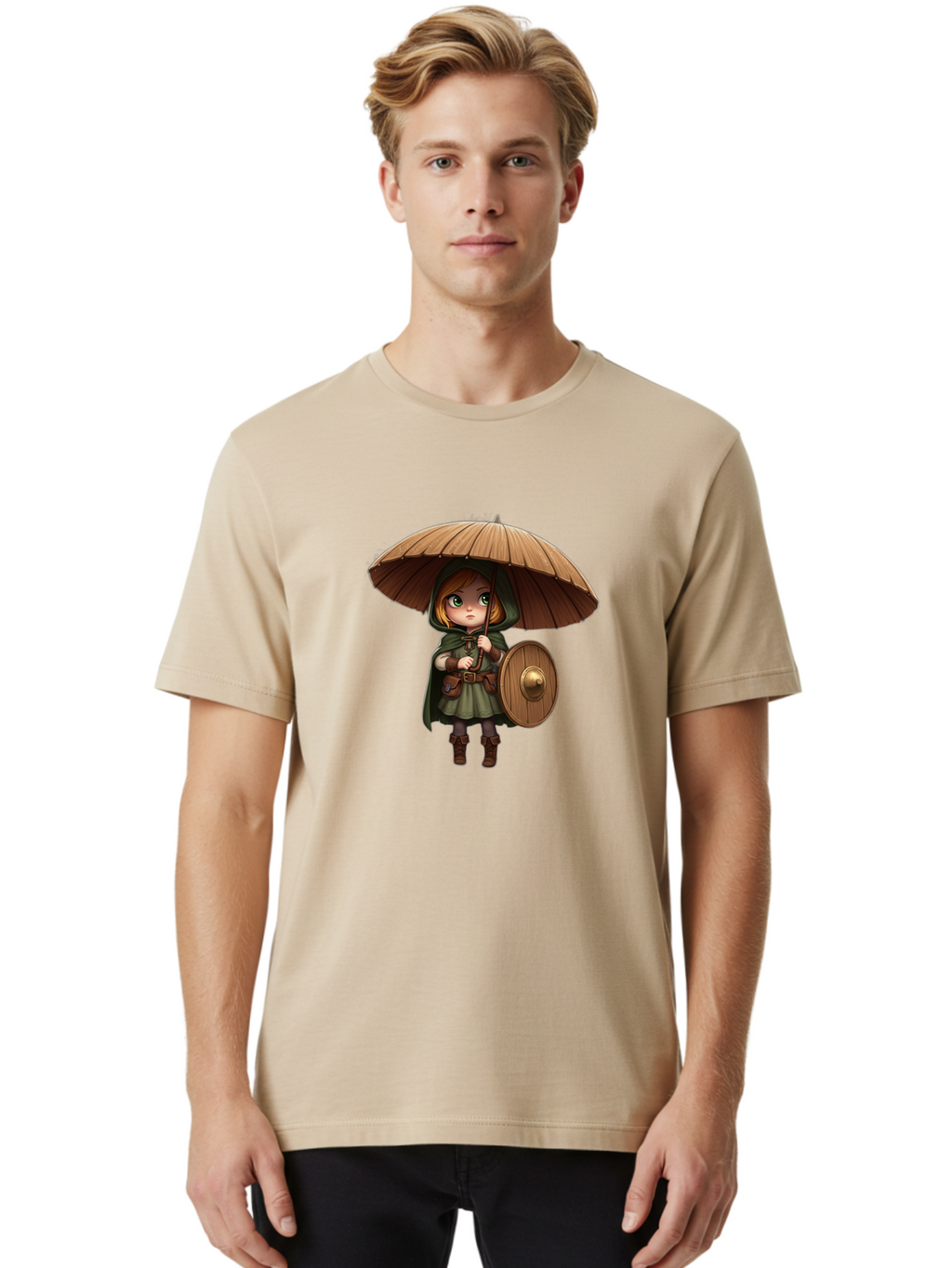 Cartoon-Girl-With-Shield-And-Umbrella Men'S Graphic Tee, 100% Cotton, Comfortable Casual Summer Wear, Machine Washable, Vintage Camera, Old Camera, Antique Camera, Black Camera, Classic Photography, Photography Equipment, Nostalgic Device, Bah700