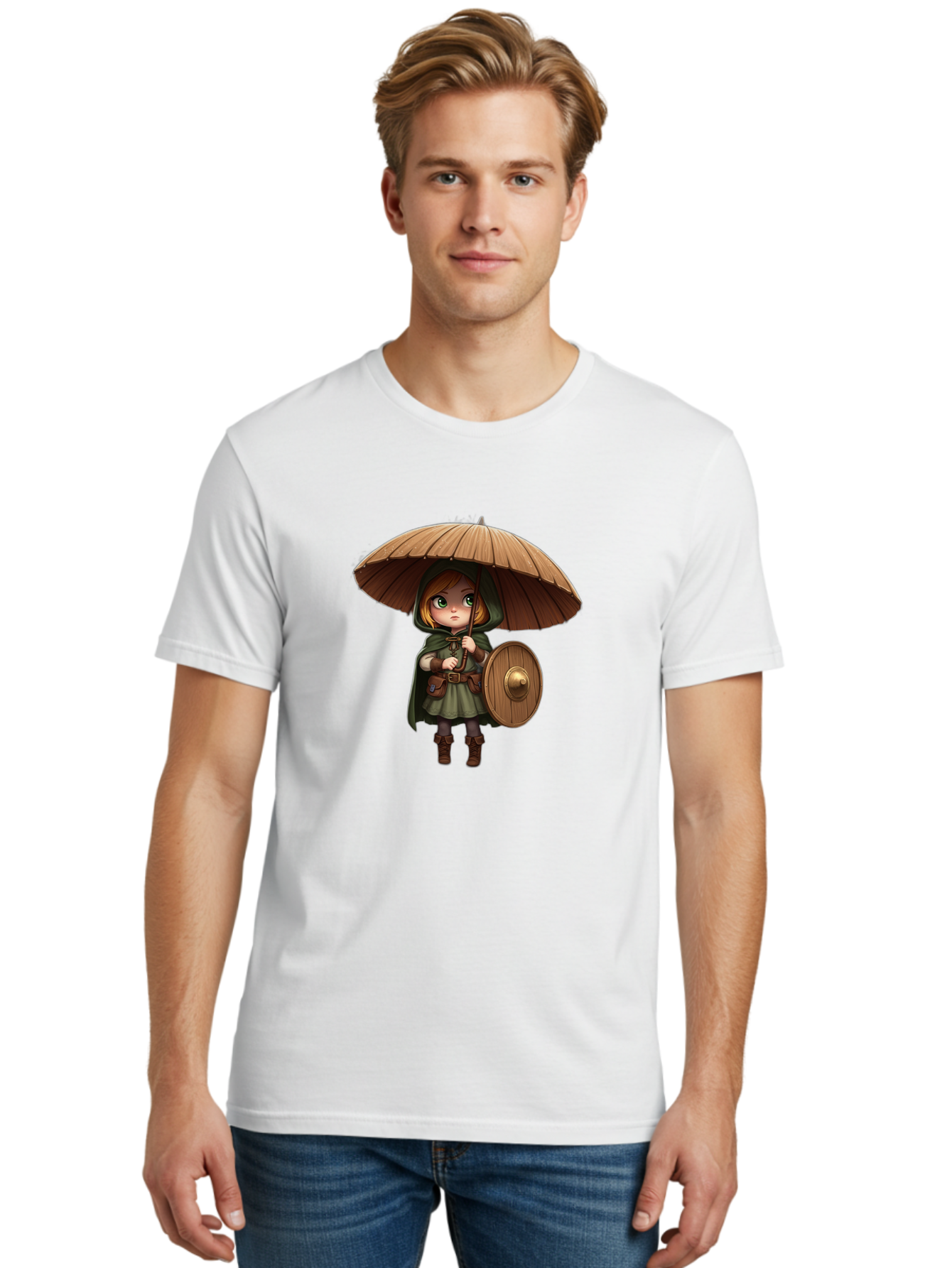 Cartoon-Girl-With-Shield-And-Umbrella Men'S Graphic Tee, 100% Cotton, Comfortable Casual Summer Wear, Machine Washable, Vintage Camera, Old Camera, Antique Camera, Black Camera, Classic Photography, Photography Equipment, Nostalgic Device, Bah700