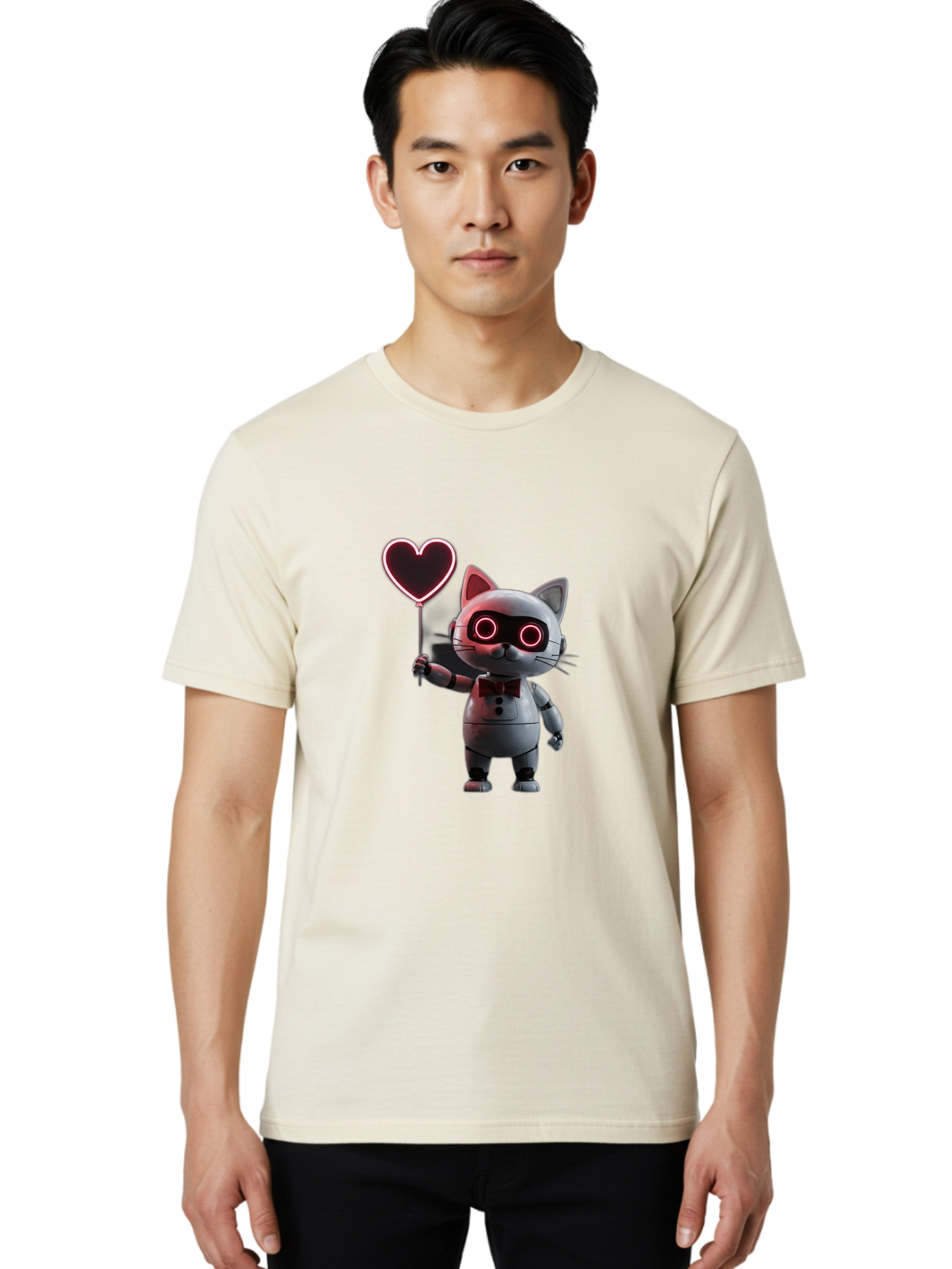 Cat-Robot-Heart Men'S Graphic Tee, 100% Cotton, Comfortable Casual Summer Wear, Machine Washable, Vintage Camera, Old Camera, Antique Camera, Black Camera, Classic Photography, Photography Equipment, Nostalgic Device, Film Camera, Camera Art Bah706