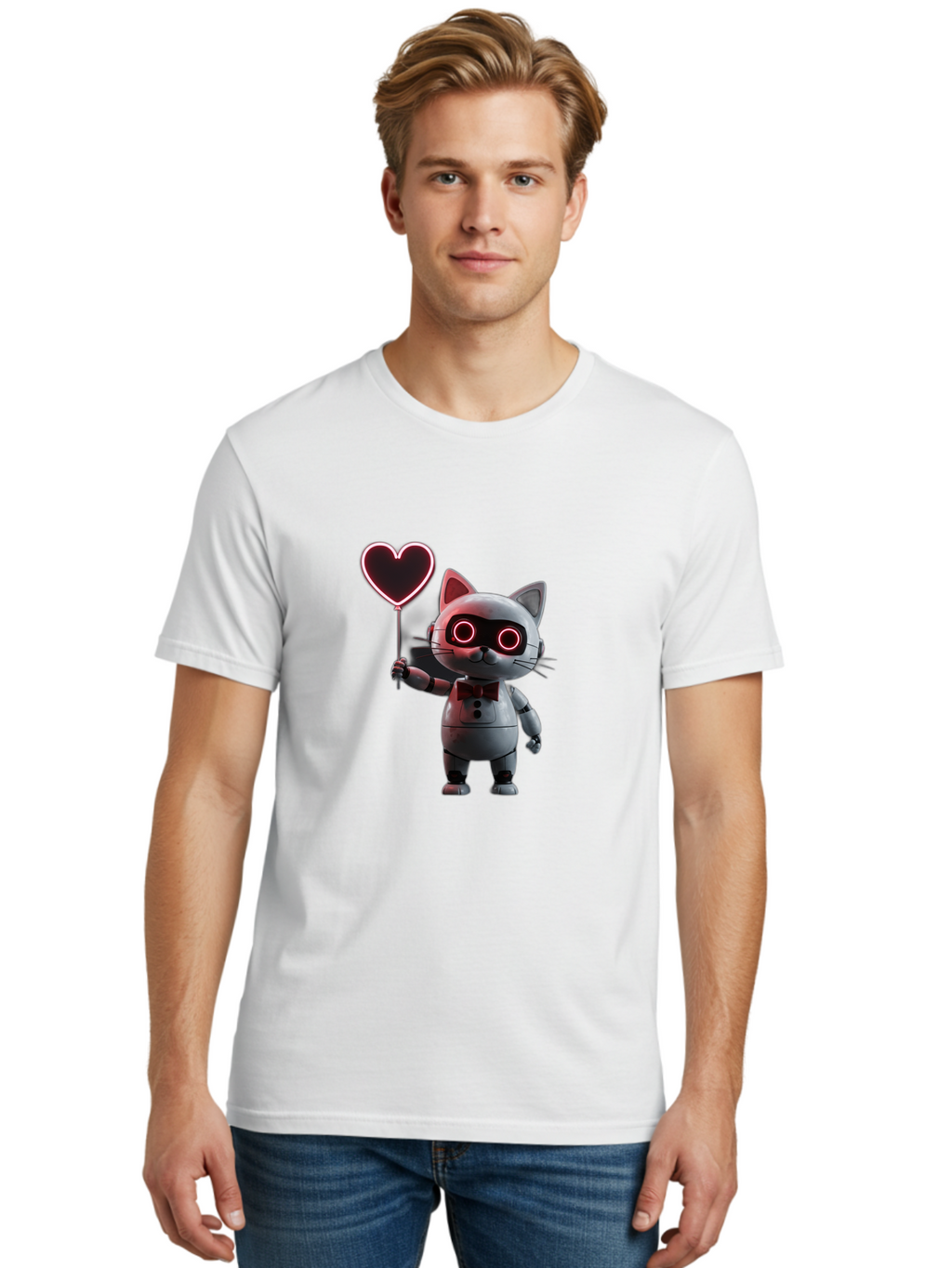Cat-Robot-Heart Men'S Graphic Tee, 100% Cotton, Comfortable Casual Summer Wear, Machine Washable, Vintage Camera, Old Camera, Antique Camera, Black Camera, Classic Photography, Photography Equipment, Nostalgic Device, Film Camera, Camera Art Bah706