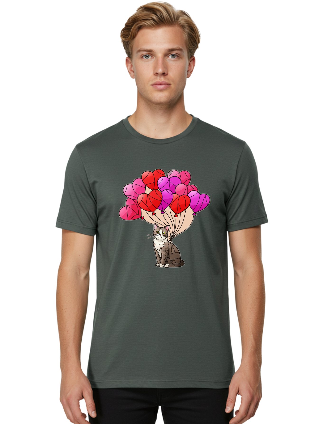 Cat-With-Heart-Balloons-2 Men'S Graphic Tee, 100% Cotton, Comfortable Casual Summer Wear, Machine Washable, Vintage Camera, Old Camera, Antique Camera, Black Camera, Classic Photography, Photography Equipment, Nostalgic Device, Film Camera, Bah714