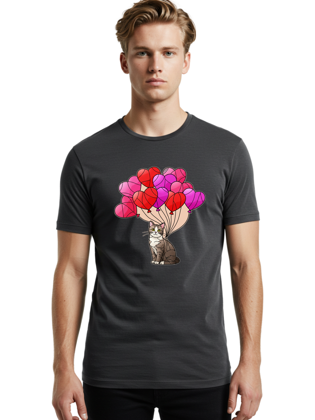Cat-With-Heart-Balloons-2 Men'S Graphic Tee, 100% Cotton, Comfortable Casual Summer Wear, Machine Washable, Vintage Camera, Old Camera, Antique Camera, Black Camera, Classic Photography, Photography Equipment, Nostalgic Device, Film Camera, Bah714