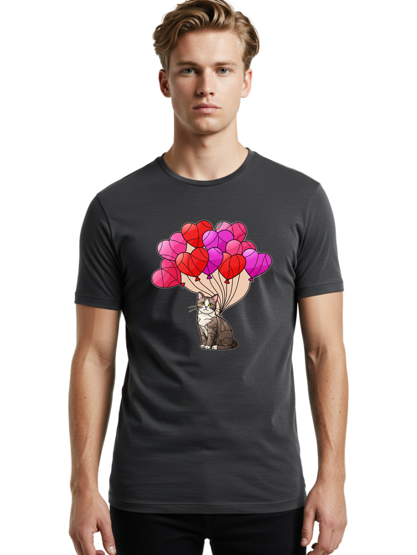 Cat-With-Heart-Balloons-2 Men'S Graphic Tee, 100% Cotton, Comfortable Casual Summer Wear, Machine Washable, Vintage Camera, Old Camera, Antique Camera, Black Camera, Classic Photography, Photography Equipment, Nostalgic Device, Film Camera, Bah714