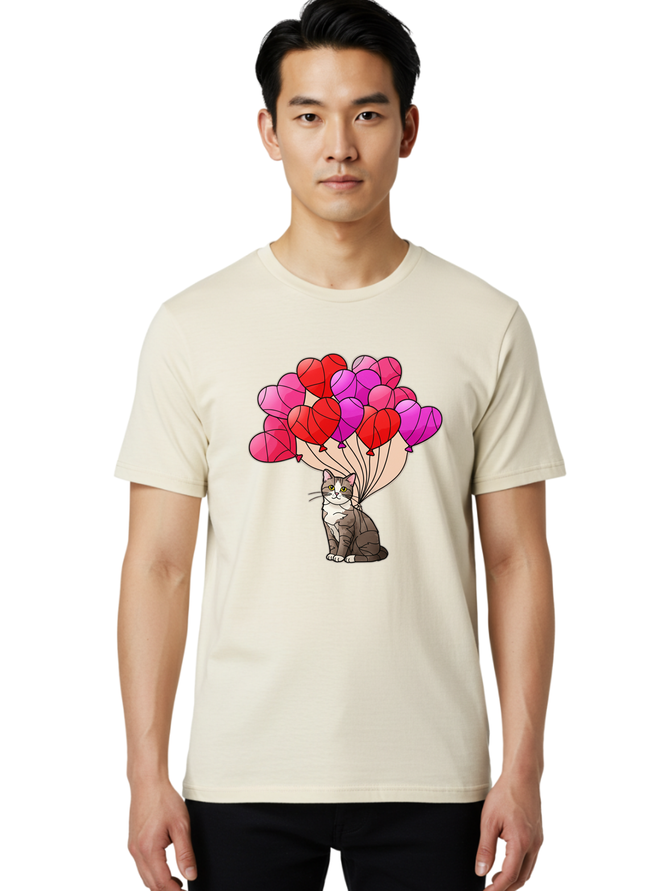 Cat-With-Heart-Balloons-2 Men'S Graphic Tee, 100% Cotton, Comfortable Casual Summer Wear, Machine Washable, Vintage Camera, Old Camera, Antique Camera, Black Camera, Classic Photography, Photography Equipment, Nostalgic Device, Film Camera, Bah714