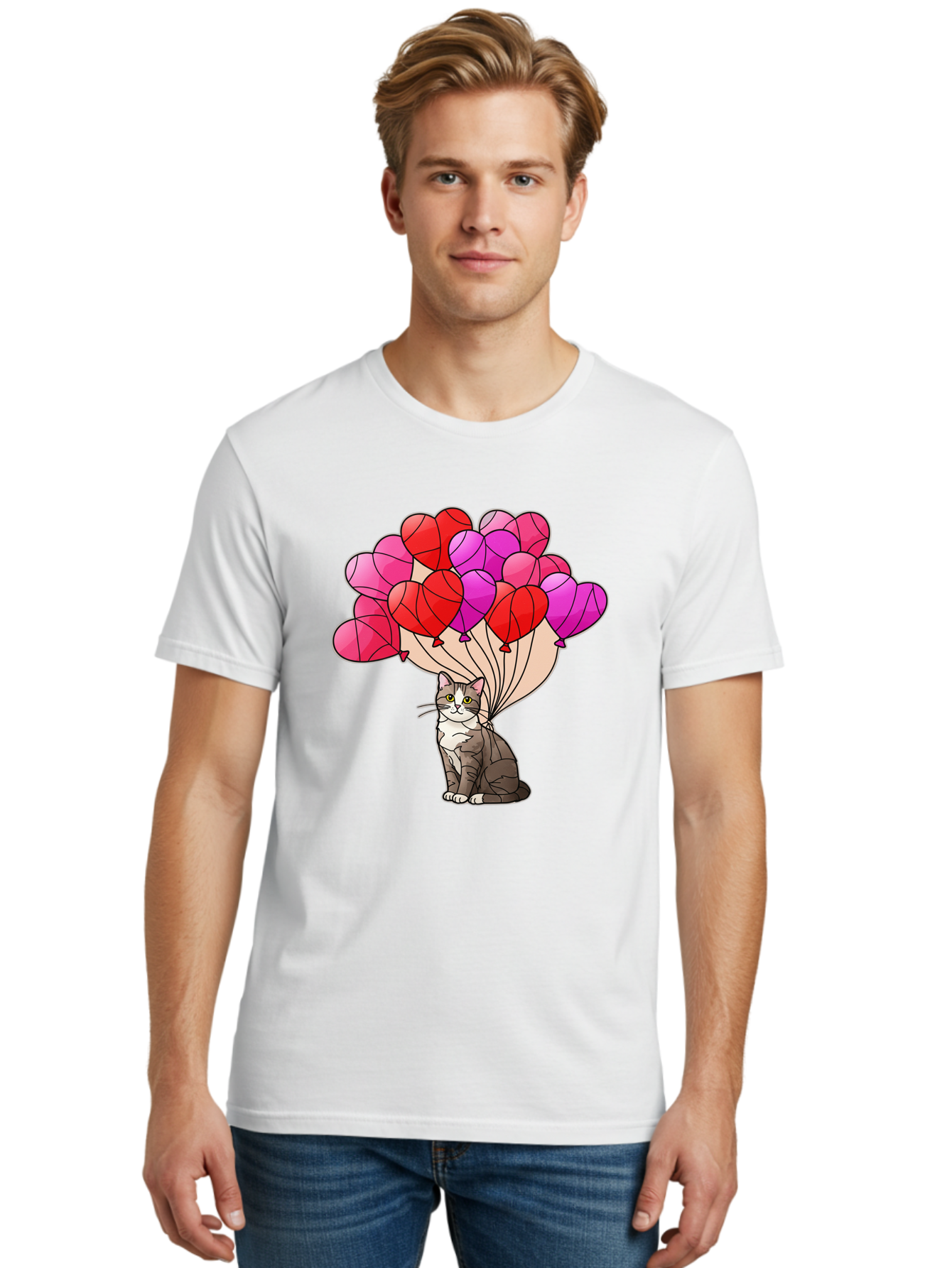 Cat-With-Heart-Balloons-2 Men'S Graphic Tee, 100% Cotton, Comfortable Casual Summer Wear, Machine Washable, Vintage Camera, Old Camera, Antique Camera, Black Camera, Classic Photography, Photography Equipment, Nostalgic Device, Film Camera, Bah714