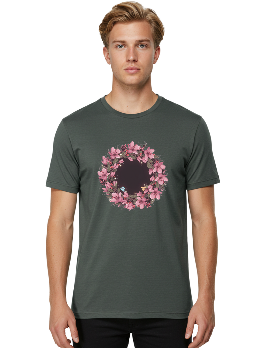 Cherry-Blossom-Wreath Men'S Graphic Tee, 100% Cotton, Comfortable Casual Summer Wear, Machine Washable, Vintage Camera, Old Camera, Antique Camera, Black Camera, Classic Photography, Photography Equipment, Nostalgic Device, Film Camera, Bah743