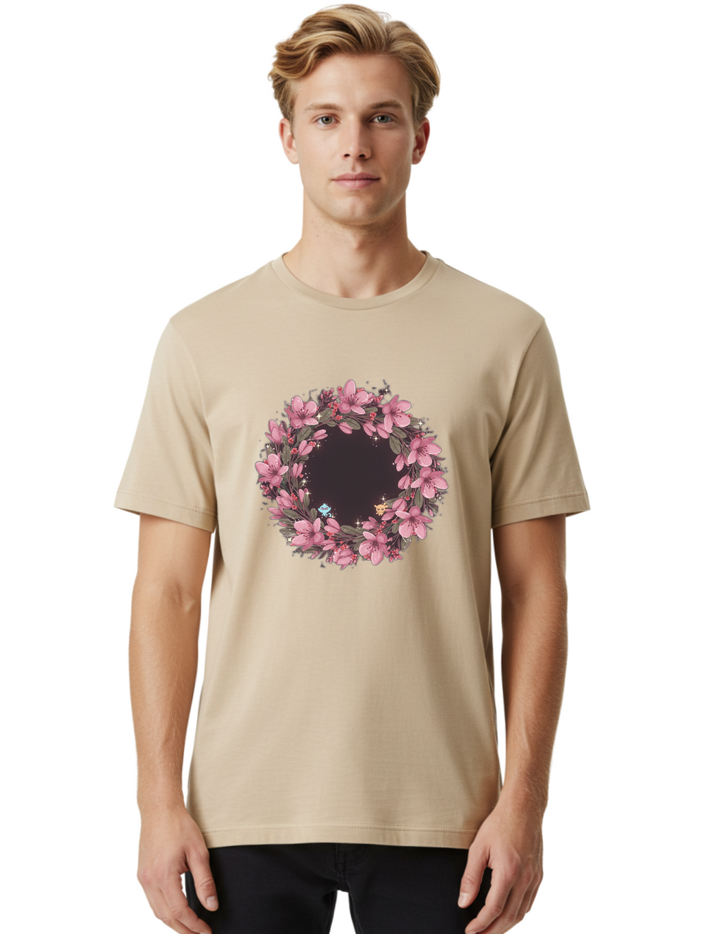 Cherry-Blossom-Wreath Men'S Graphic Tee, 100% Cotton, Comfortable Casual Summer Wear, Machine Washable, Vintage Camera, Old Camera, Antique Camera, Black Camera, Classic Photography, Photography Equipment, Nostalgic Device, Film Camera, Bah743