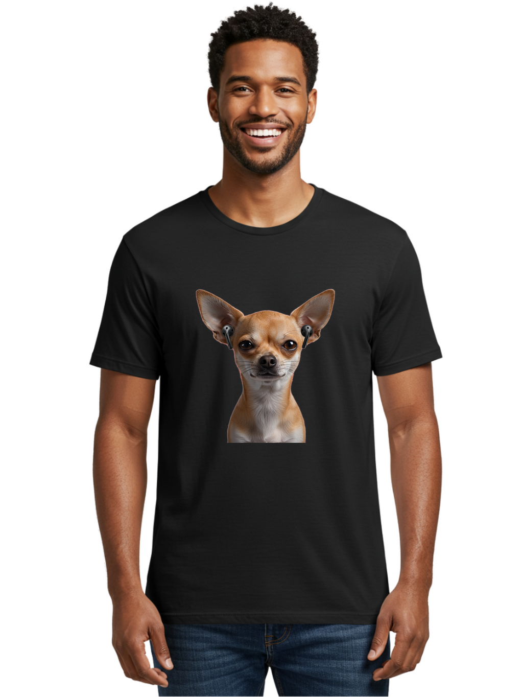 Chihuahua-With-Earbuds Men'S Graphic Tee, 100% Cotton, Comfortable Casual Summer Wear, Machine Washable, Vintage Camera, Old Camera, Antique Camera, Black Camera, Classic Photography, Photography Equipment, Nostalgic Device, Film Camera, Bah750