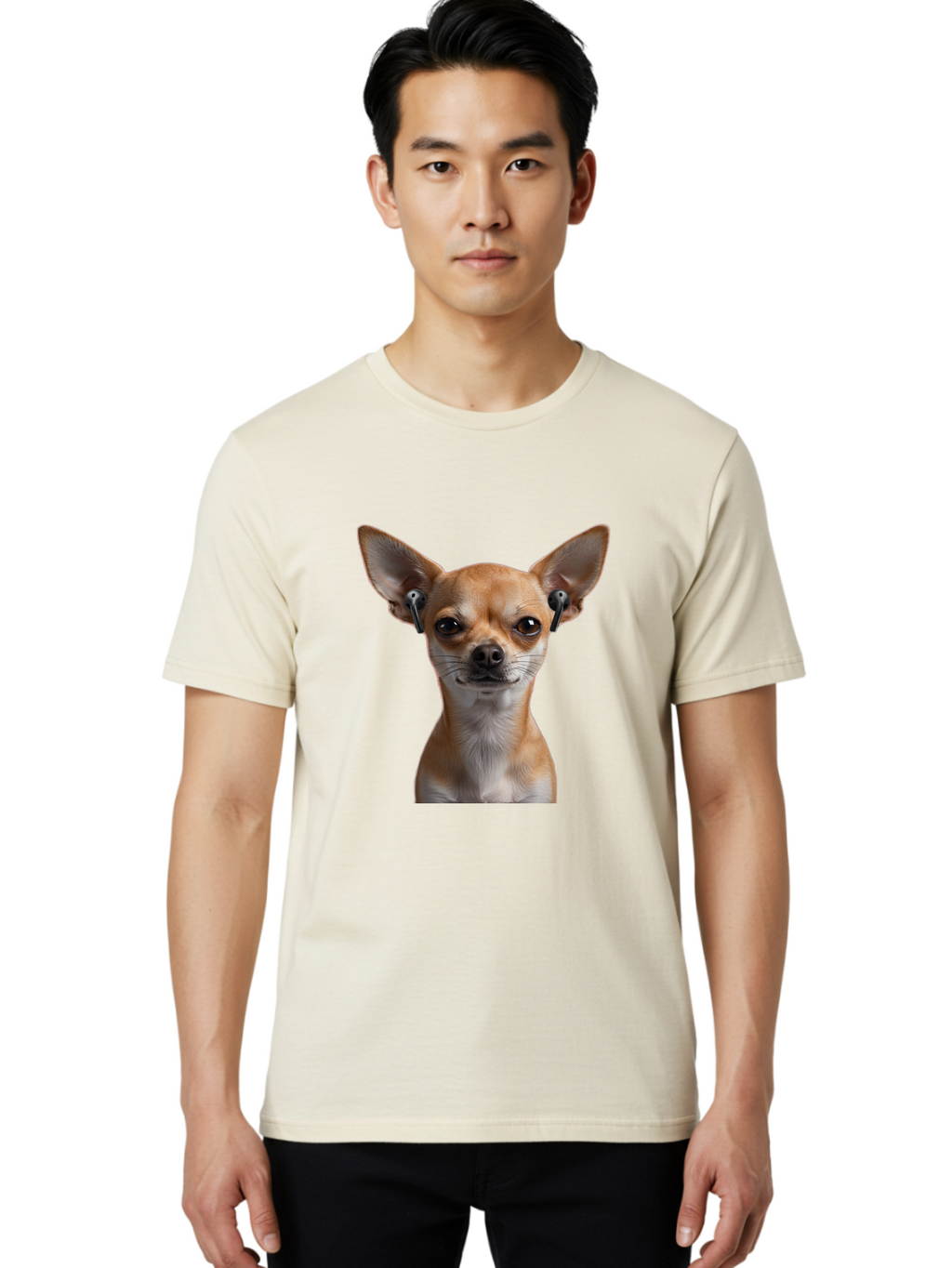 Chihuahua-With-Earbuds Men'S Graphic Tee, 100% Cotton, Comfortable Casual Summer Wear, Machine Washable, Vintage Camera, Old Camera, Antique Camera, Black Camera, Classic Photography, Photography Equipment, Nostalgic Device, Film Camera, Bah750