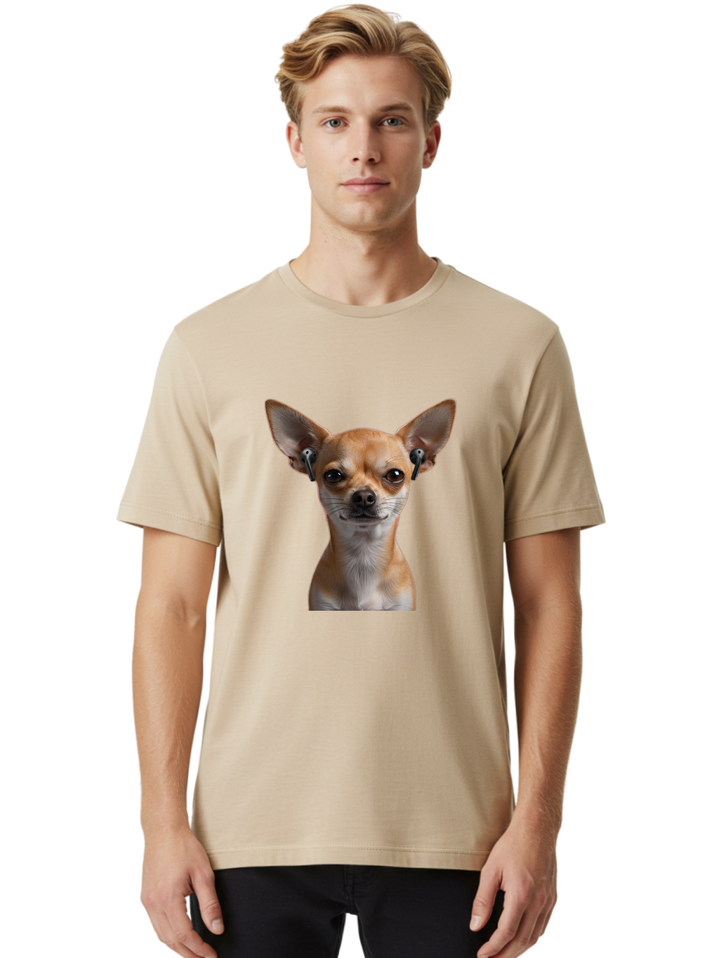 Chihuahua-With-Earbuds Men'S Graphic Tee, 100% Cotton, Comfortable Casual Summer Wear, Machine Washable, Vintage Camera, Old Camera, Antique Camera, Black Camera, Classic Photography, Photography Equipment, Nostalgic Device, Film Camera, Bah750