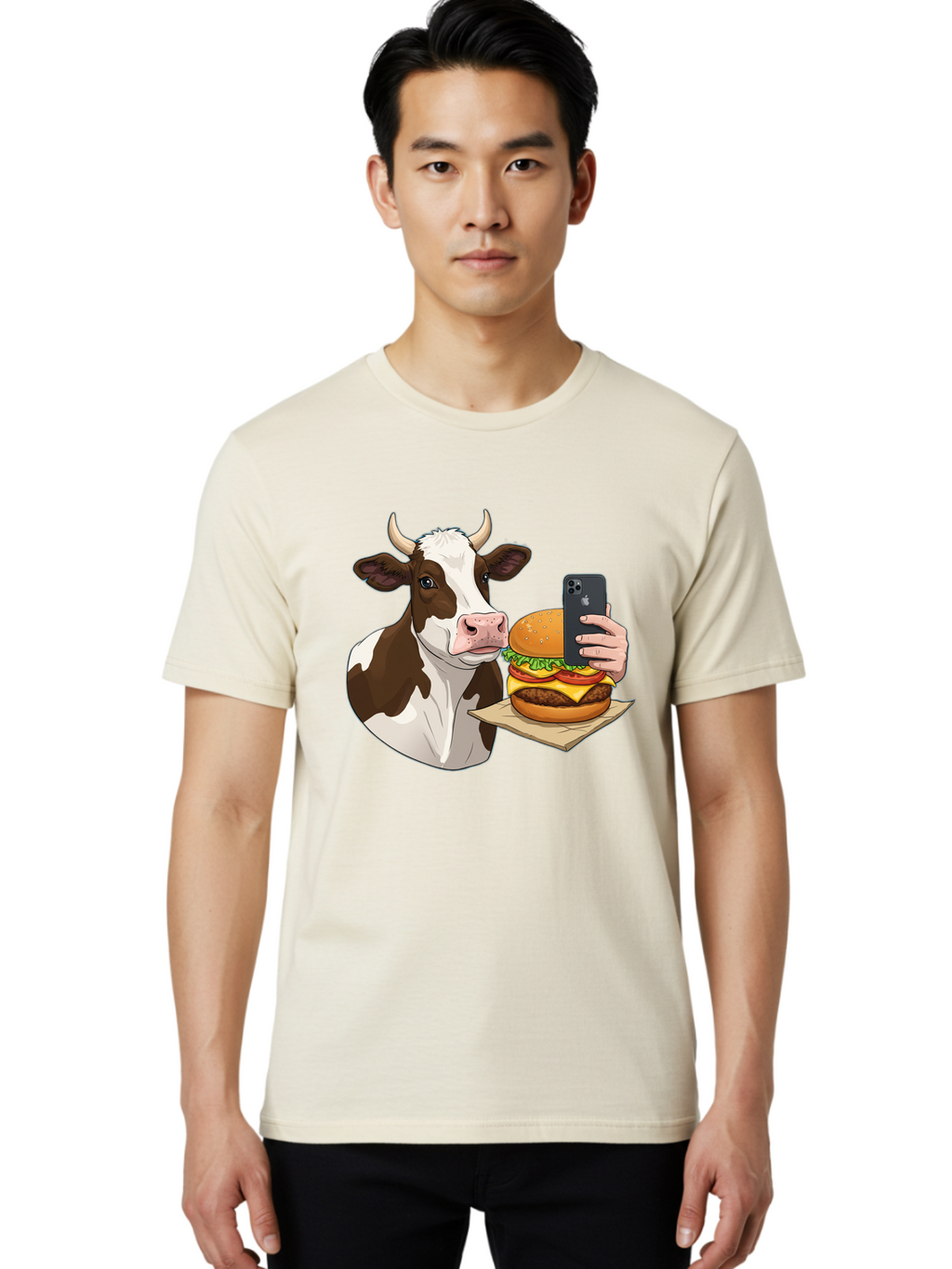 Cow-And-Burger-2 Men'S Graphic Tee, 100% Cotton, Comfortable Casual Summer Wear, Machine Washable, Vintage Camera, Old Camera, Antique Camera, Black Camera, Classic Photography, Photography Equipment, Nostalgic Device, Film Camera, Camera Art Bah789