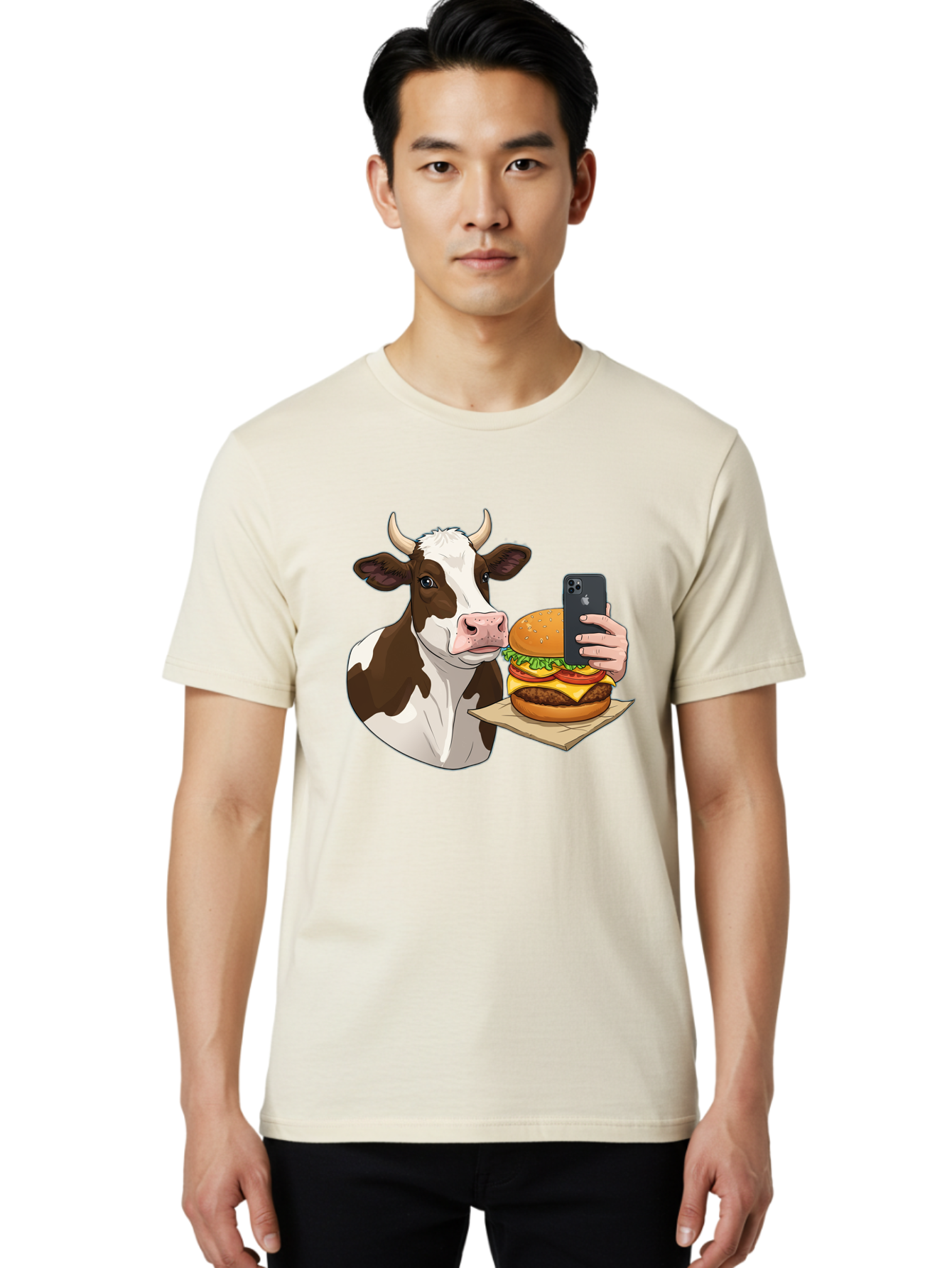 Cow-And-Burger-2 Men'S Graphic Tee, 100% Cotton, Comfortable Casual Summer Wear, Machine Washable, Vintage Camera, Old Camera, Antique Camera, Black Camera, Classic Photography, Photography Equipment, Nostalgic Device, Film Camera, Camera Art Bah789
