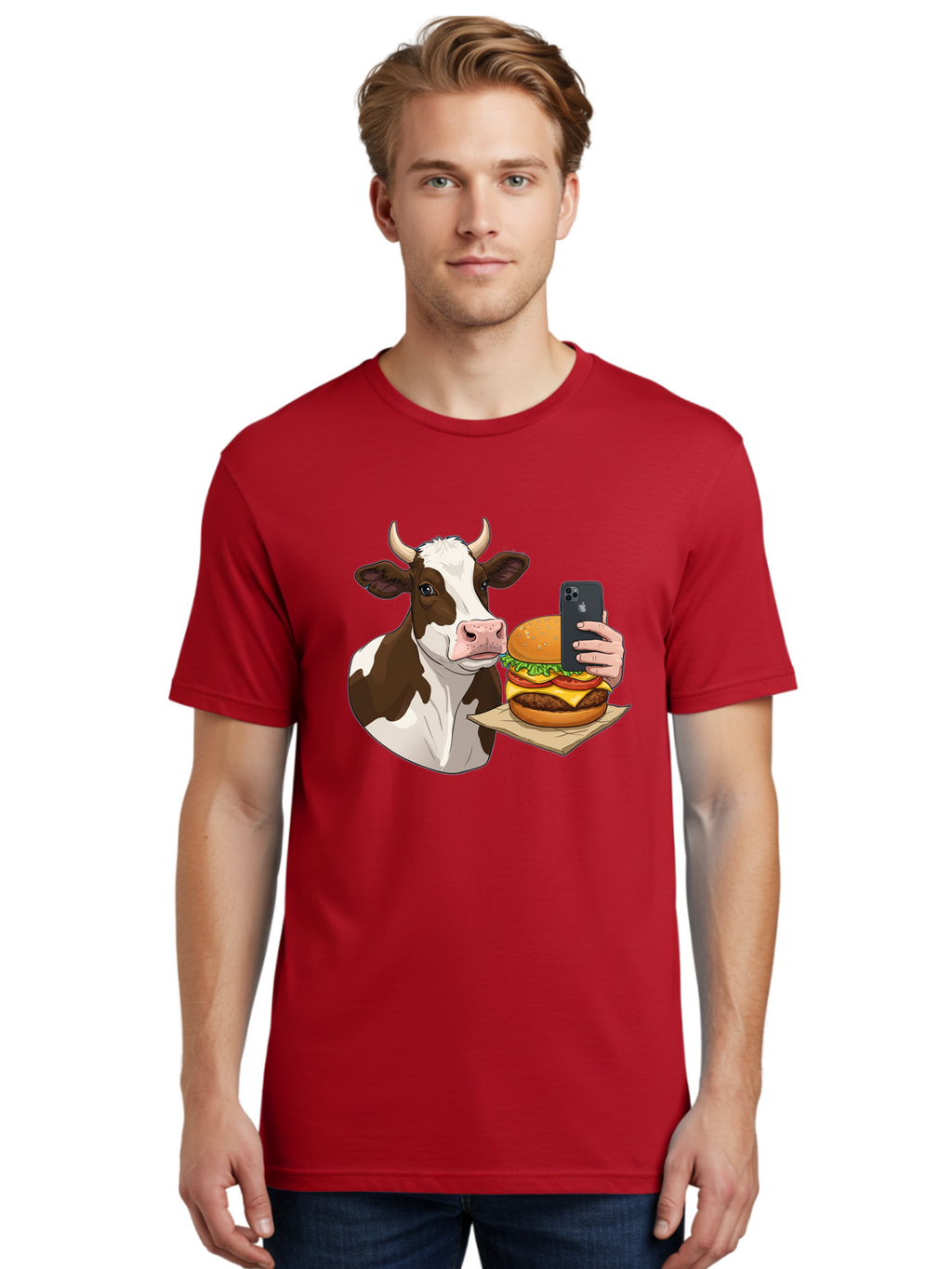 Cow-And-Burger-2 Men'S Graphic Tee, 100% Cotton, Comfortable Casual Summer Wear, Machine Washable, Vintage Camera, Old Camera, Antique Camera, Black Camera, Classic Photography, Photography Equipment, Nostalgic Device, Film Camera, Camera Art Bah789