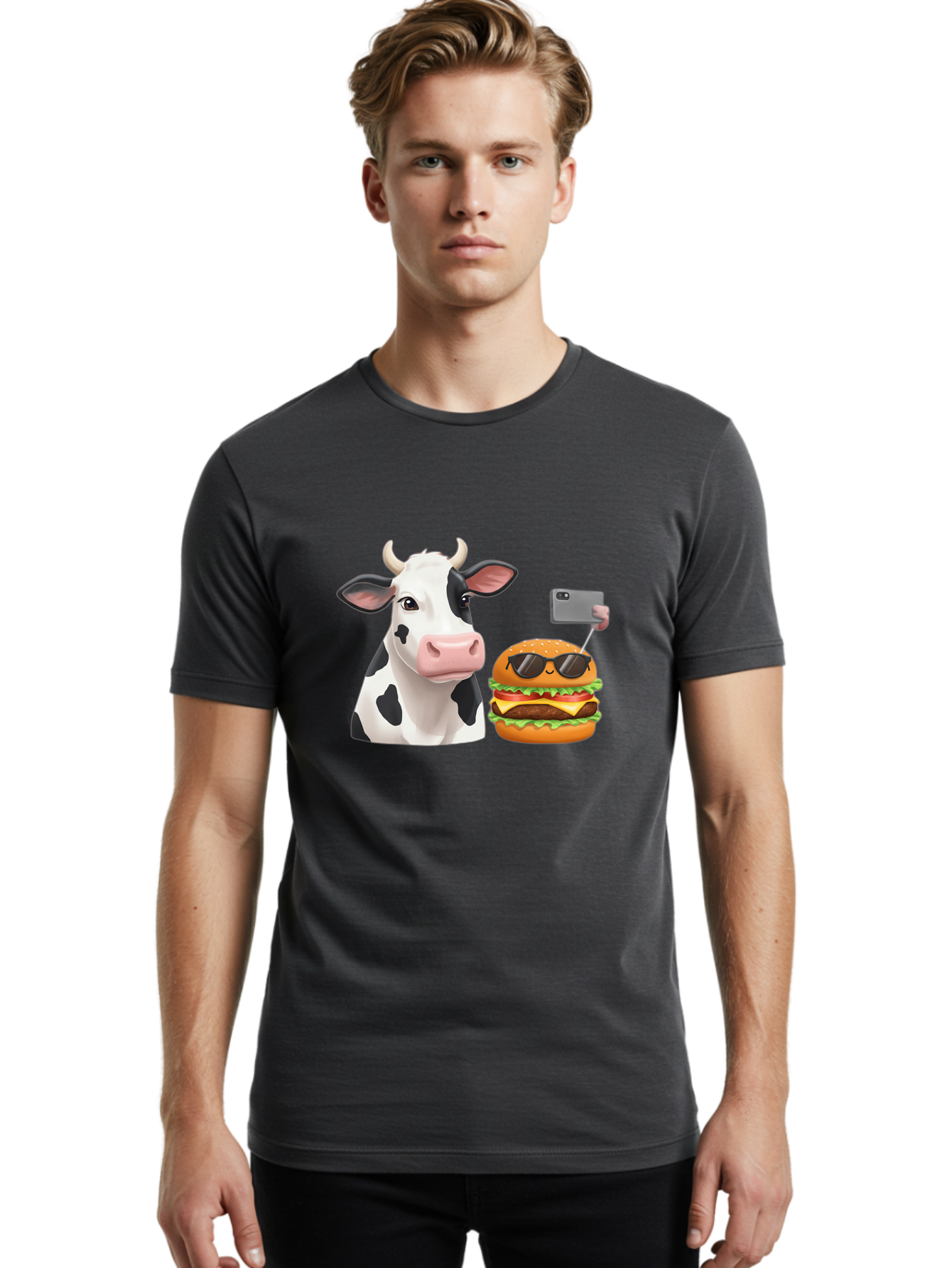 Cow-And-Burger-3 Men'S Graphic Tee, 100% Cotton, Comfortable Casual Summer Wear, Machine Washable, Vintage Camera, Old Camera, Antique Camera, Black Camera, Classic Photography, Photography Equipment, Nostalgic Device, Film Camera, Camera Art Bah790