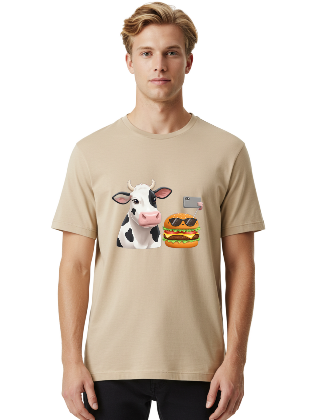 Cow-And-Burger-3 Men'S Graphic Tee, 100% Cotton, Comfortable Casual Summer Wear, Machine Washable, Vintage Camera, Old Camera, Antique Camera, Black Camera, Classic Photography, Photography Equipment, Nostalgic Device, Film Camera, Camera Art Bah790