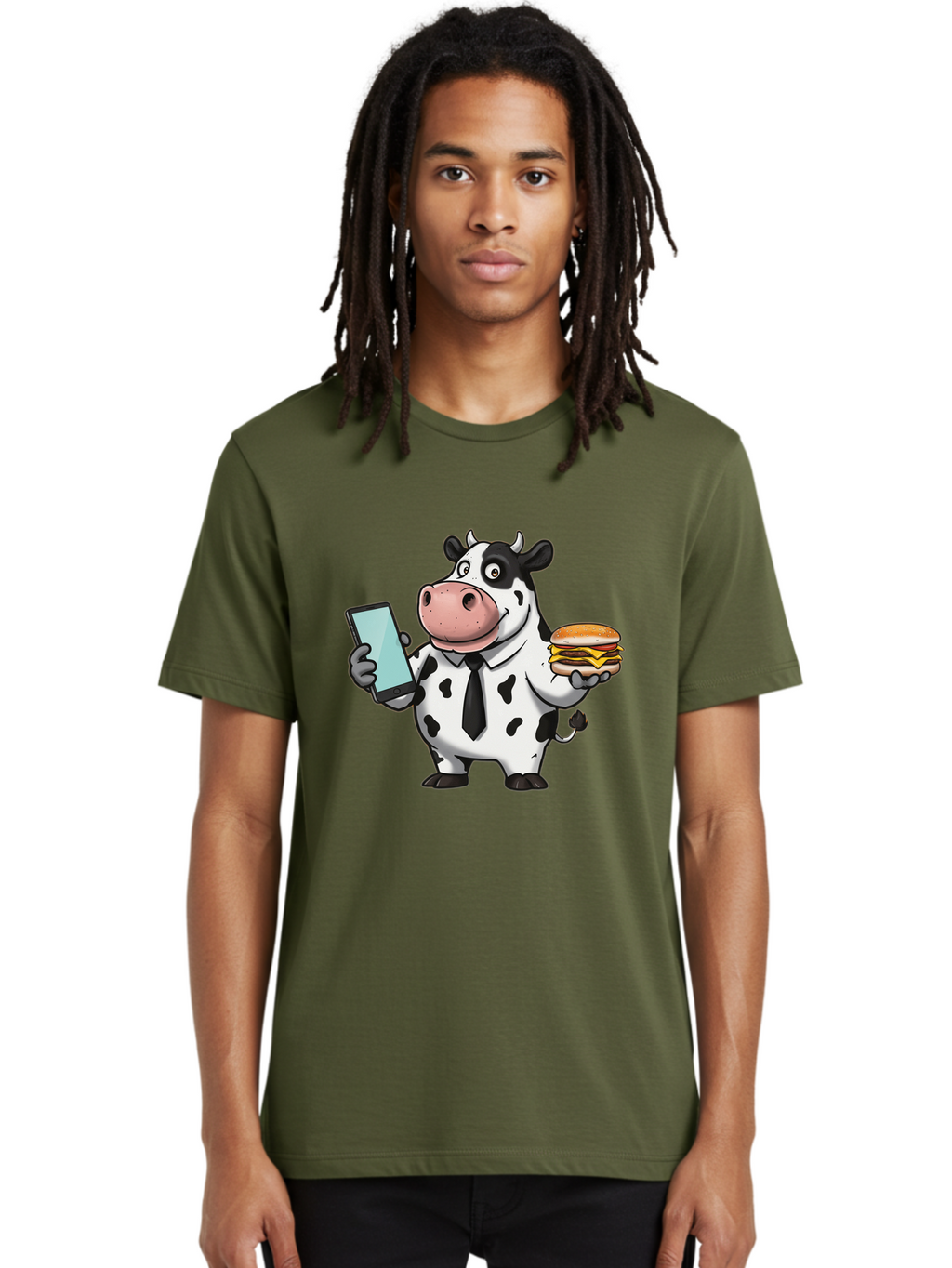 Cow-Holding-Phone-And-Burger Men'S Graphic Tee, 100% Cotton, Comfortable Casual Summer Wear, Machine Washable, Vintage Camera, Old Camera, Antique Camera, Black Camera, Classic Photography, Photography Equipment, Nostalgic Device, Film Camera, Bah799